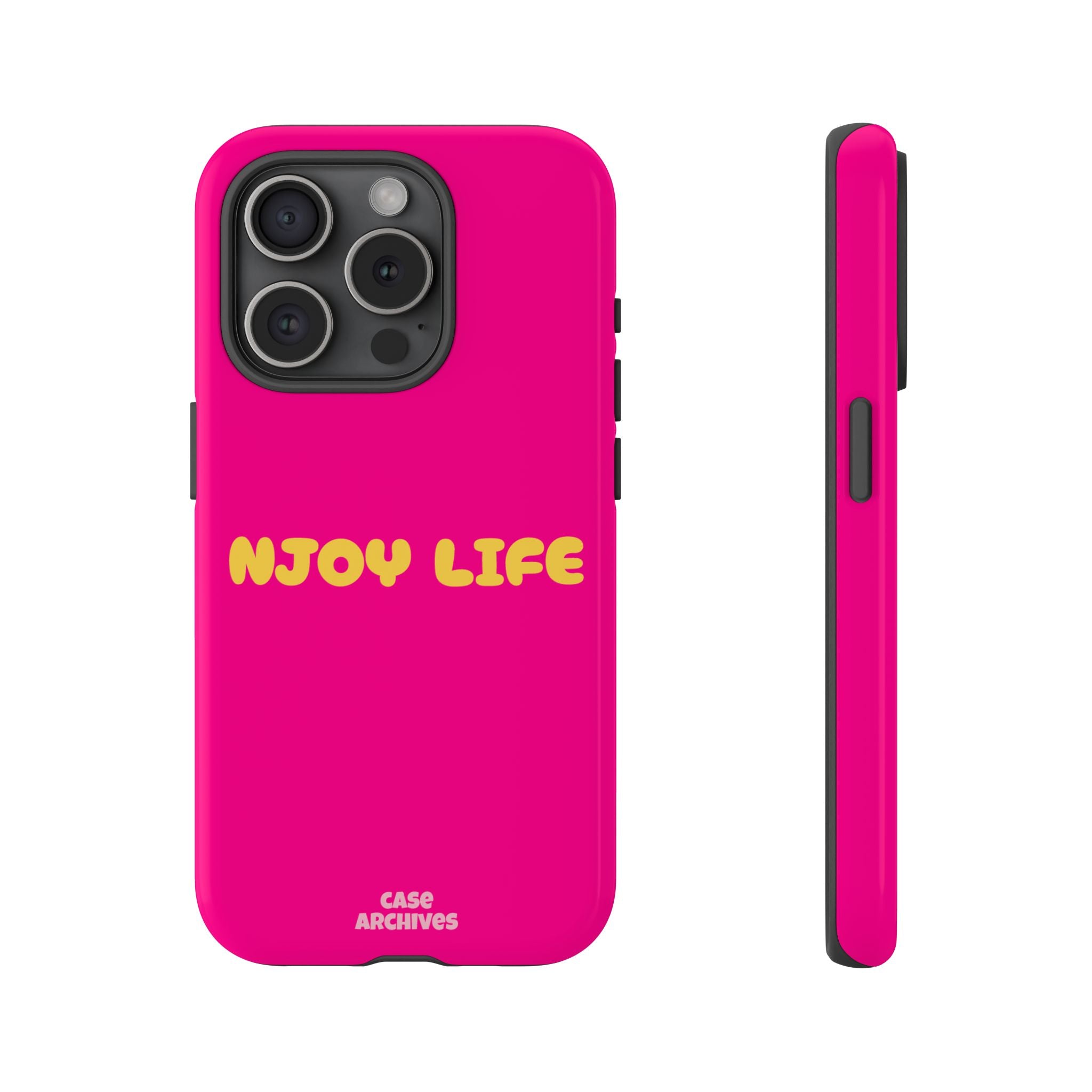Enjoy Life phone case | tough iPhone case, bright pink, retro yellow text