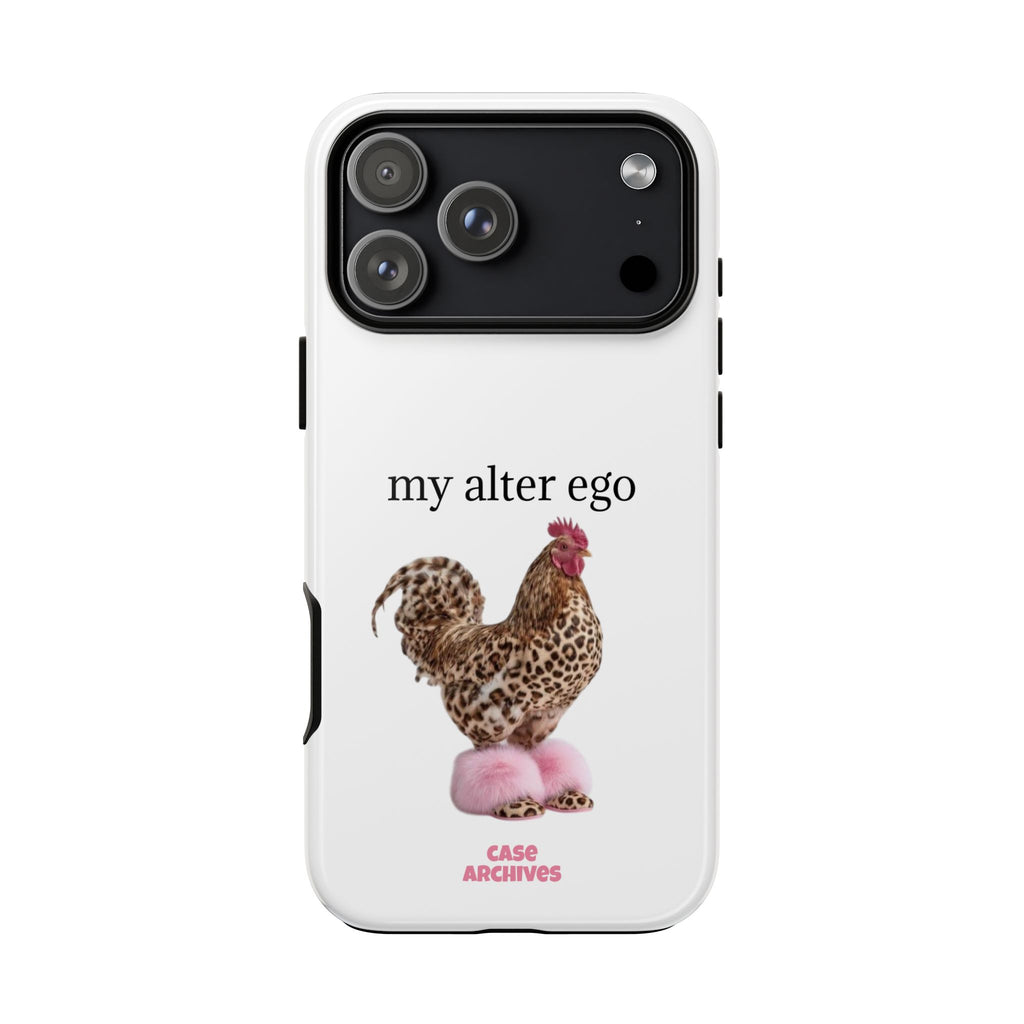 Chicken with style  'My Alter Ego' Tough Phone Case — Funny Leopard Print Rooster on Pink Slippers