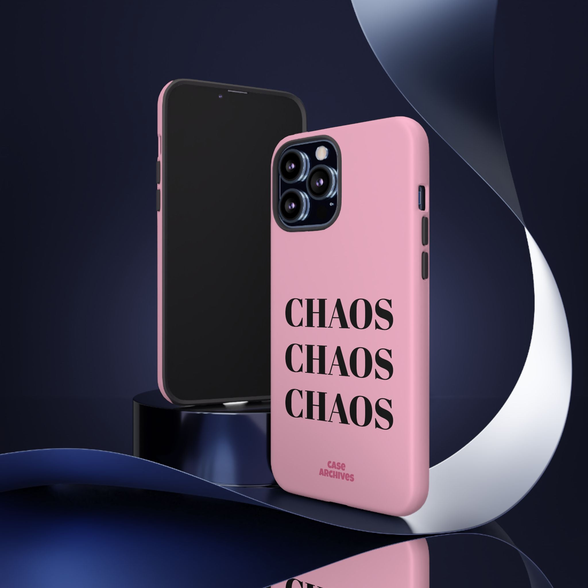 Pink "CHAOS" Phone Case — Bold Text Protective iPhone Cover