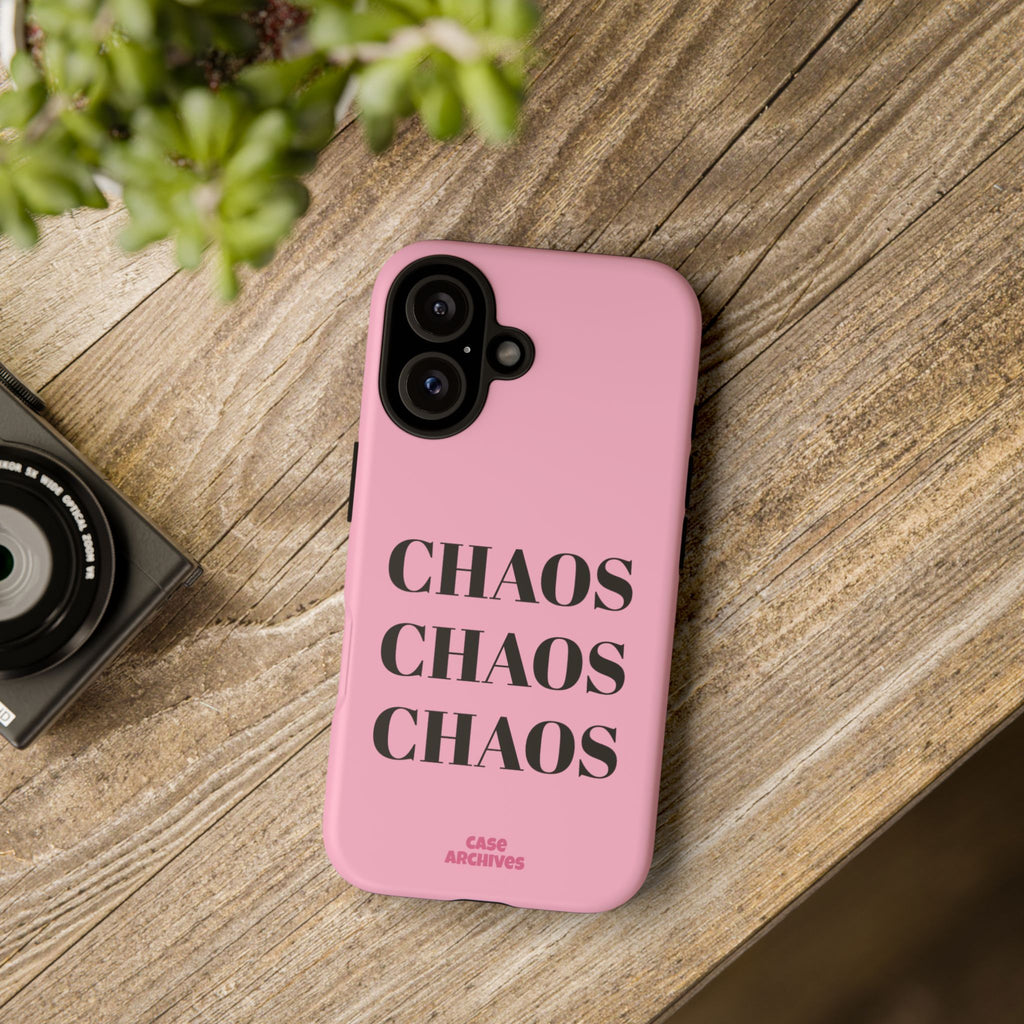 Pink "CHAOS" Phone Case — Bold Text Protective iPhone Cover