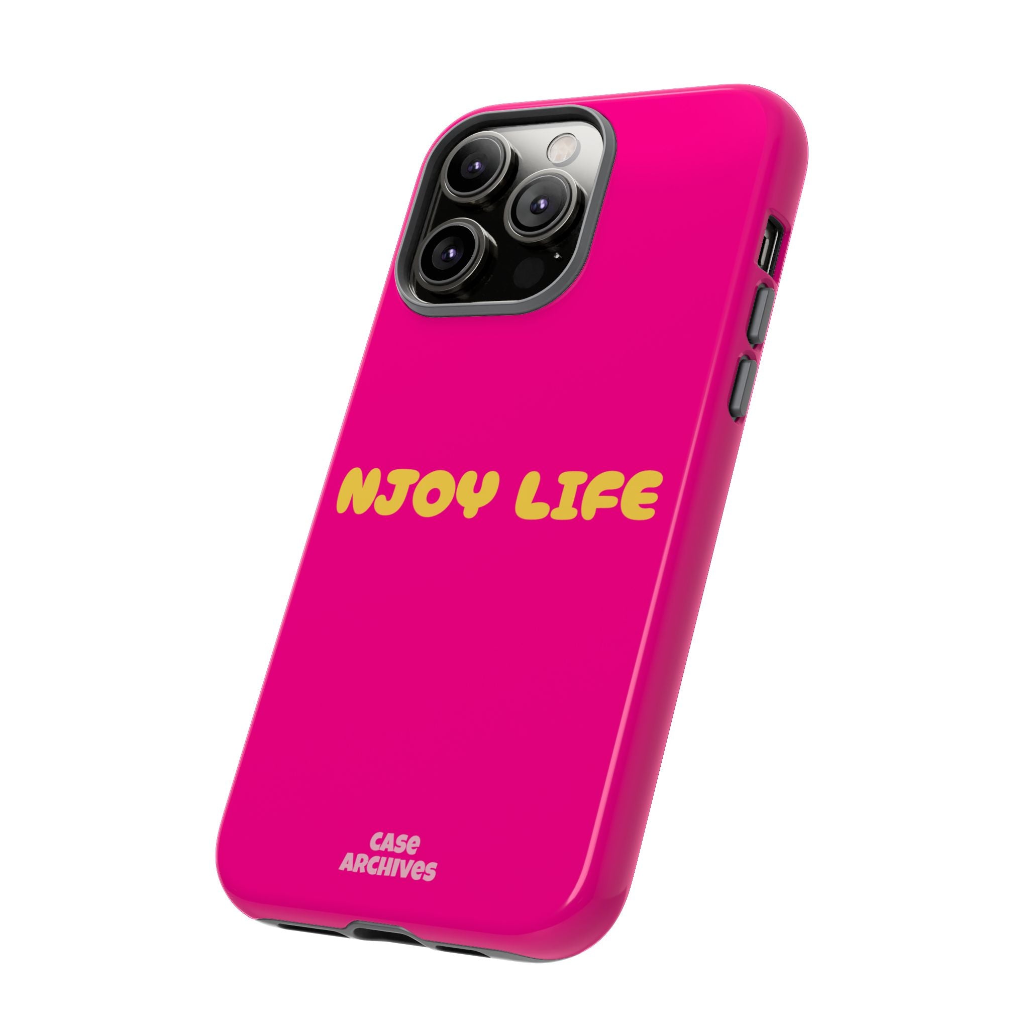Enjoy Life phone case | tough iPhone case, bright pink, retro yellow text