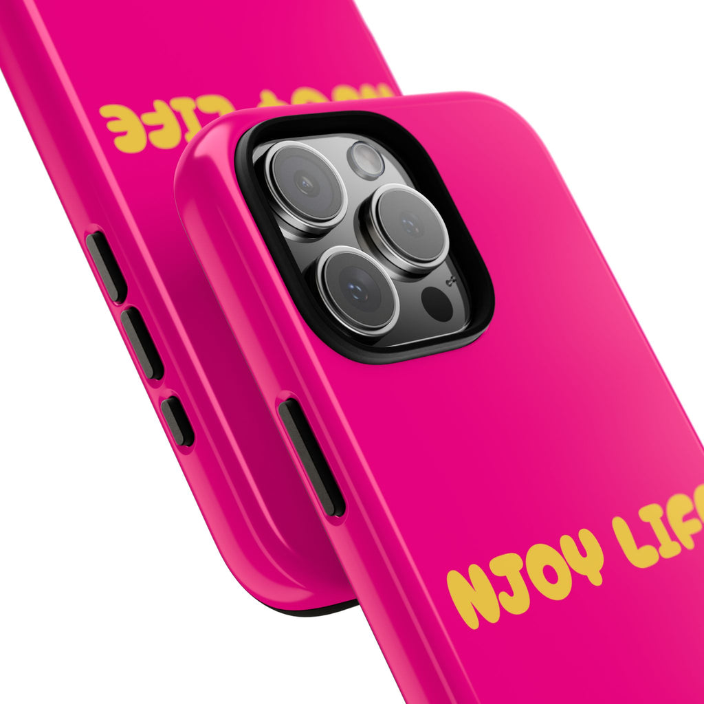 Enjoy Life phone case | tough iPhone case, bright pink, retro yellow text
