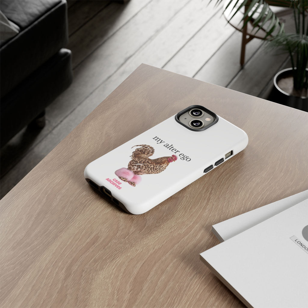 Chicken with style  'My Alter Ego' Tough Phone Case — Funny Leopard Print Rooster on Pink Slippers