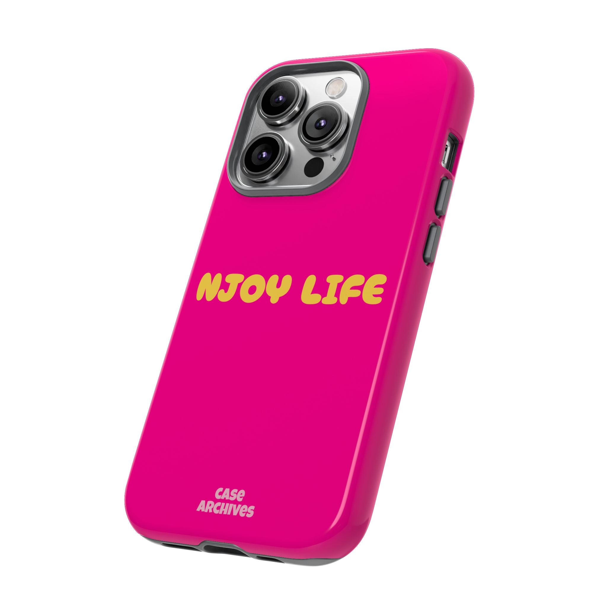 Enjoy Life phone case | tough iPhone case, bright pink, retro yellow text