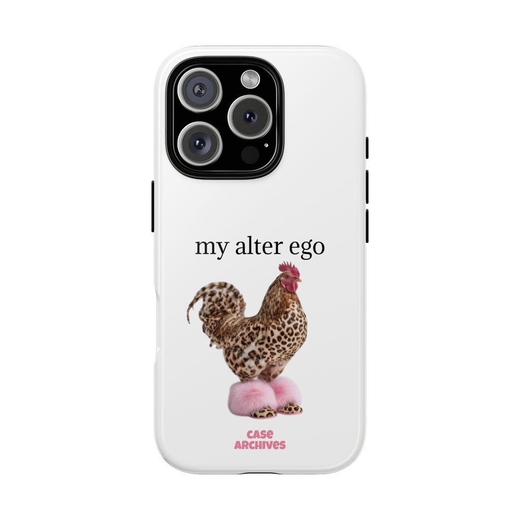 Chicken with style  'My Alter Ego' Tough Phone Case — Funny Leopard Print Rooster on Pink Slippers