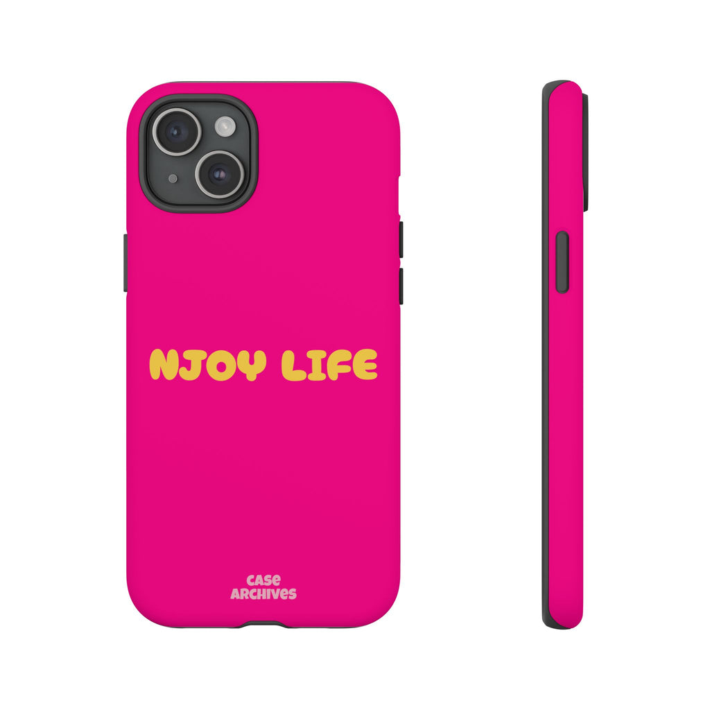 Enjoy Life phone case | tough iPhone case, bright pink, retro yellow text