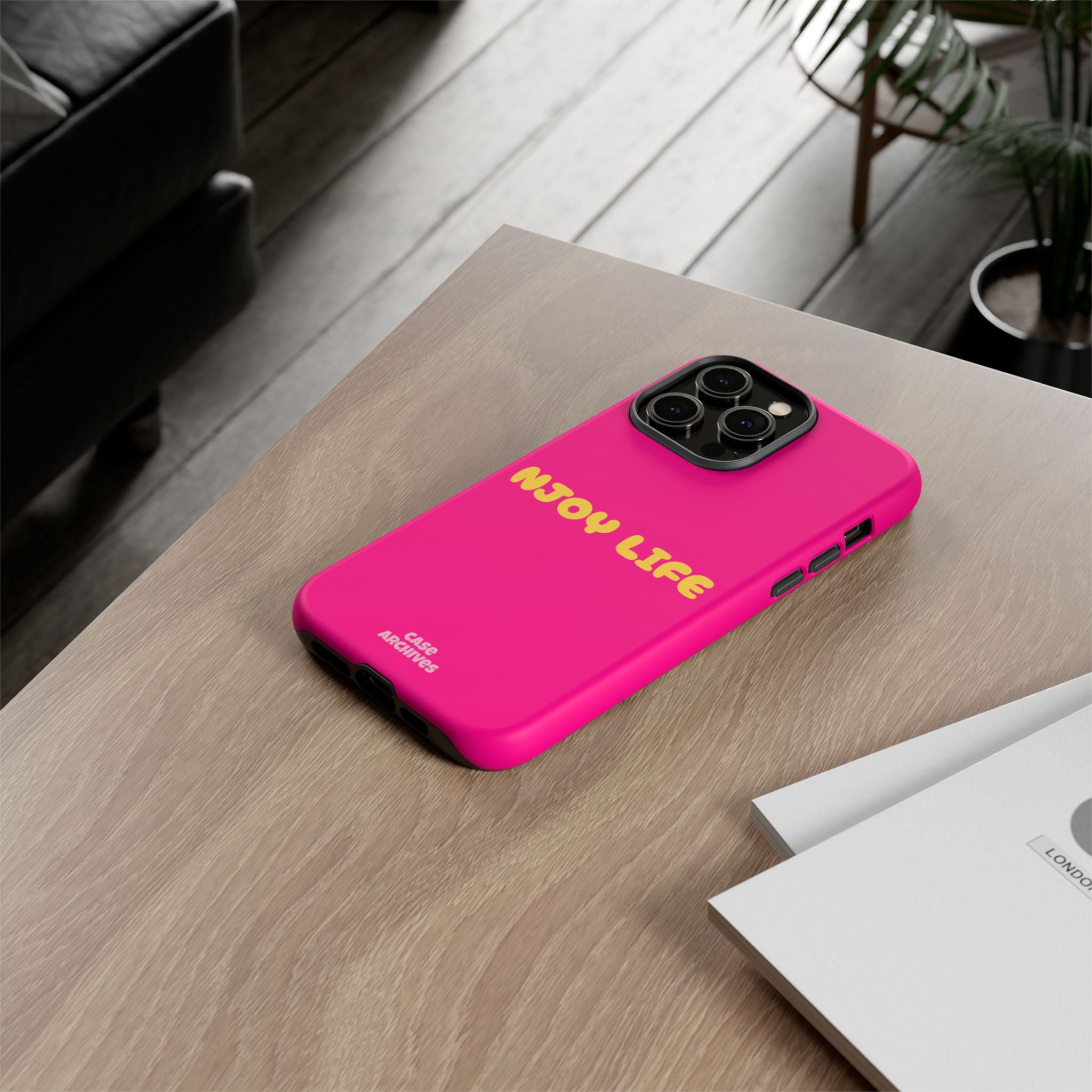 Enjoy Life phone case | tough iPhone case, bright pink, retro yellow text