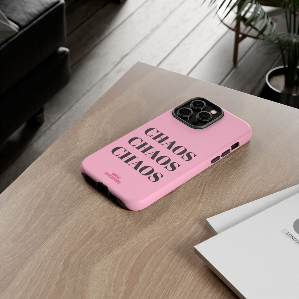 Pink "CHAOS" Phone Case — Bold Text Protective iPhone Cover