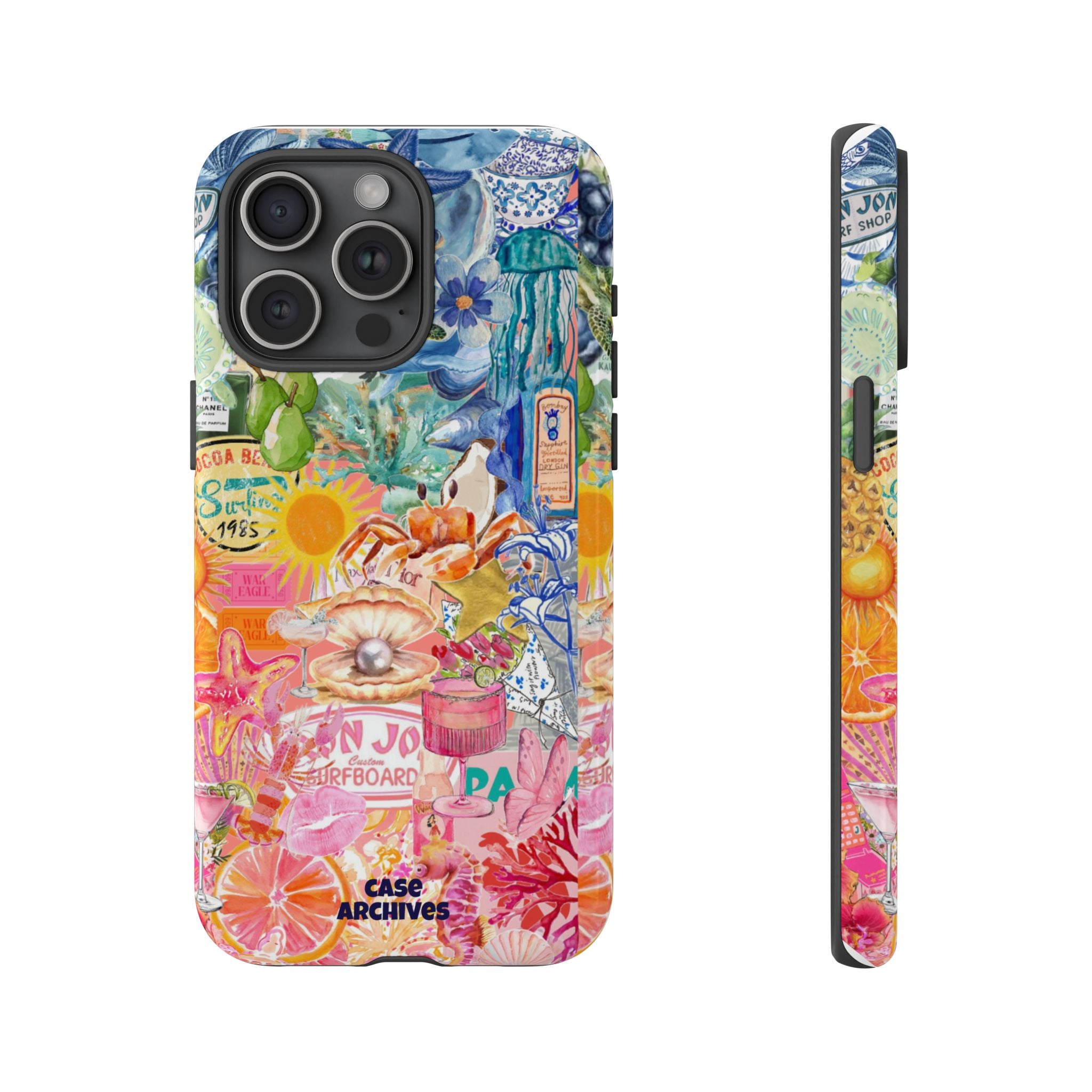 Colorful Collage Phone Case — Tropical Surf & Coastal Icons