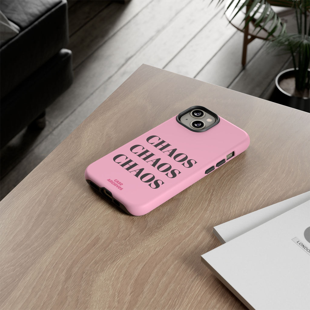 Pink "CHAOS" Phone Case — Bold Text Protective iPhone Cover