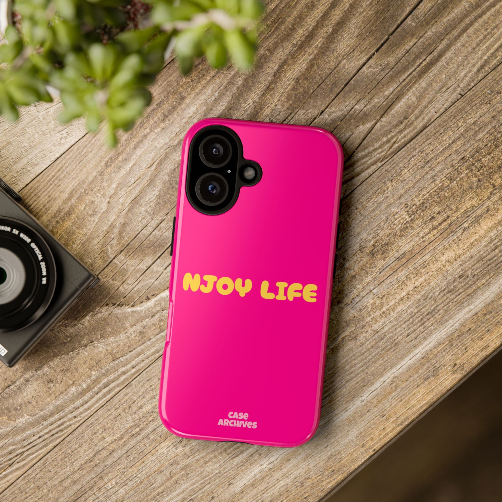 Enjoy Life phone case | tough iPhone case, bright pink, retro yellow text