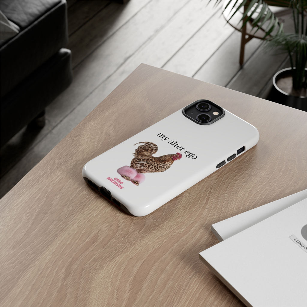 Chicken with style  'My Alter Ego' Tough Phone Case — Funny Leopard Print Rooster on Pink Slippers