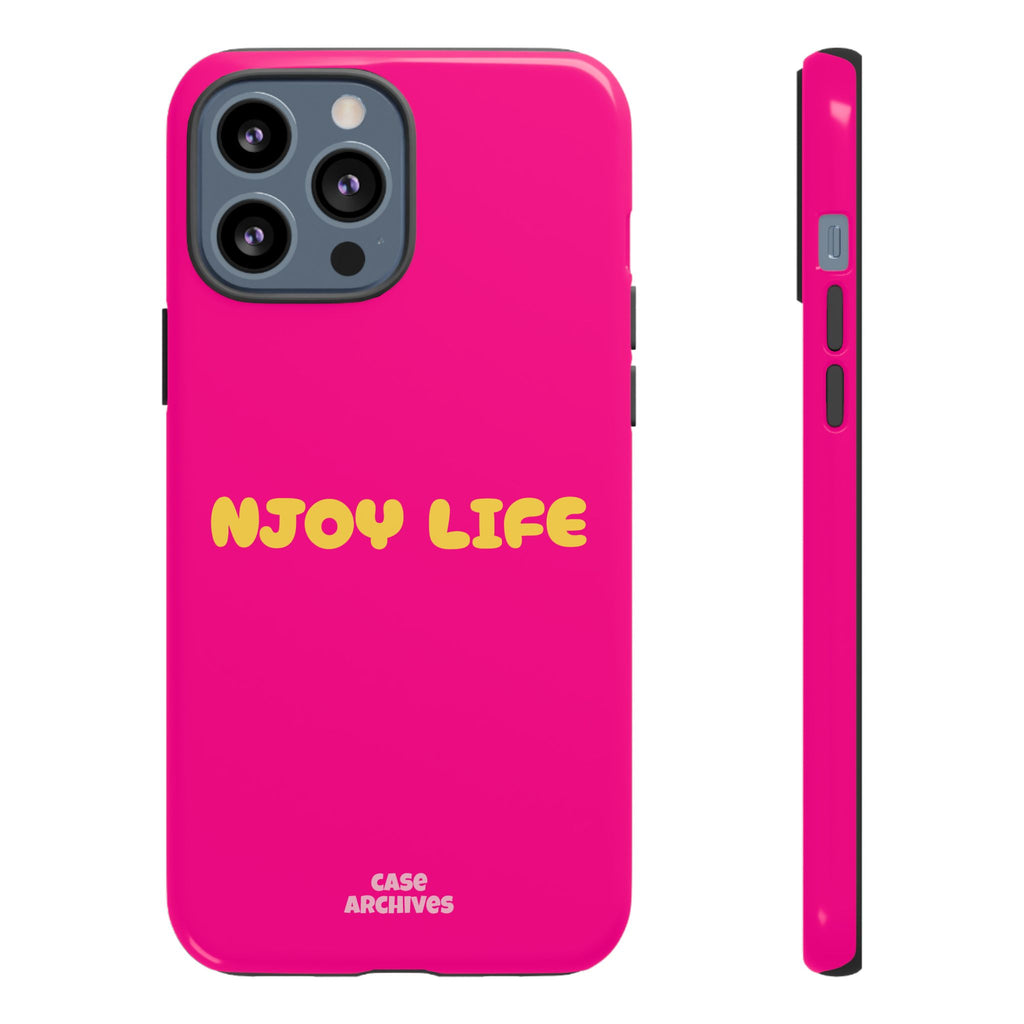 Enjoy Life phone case | tough iPhone case, bright pink, retro yellow text