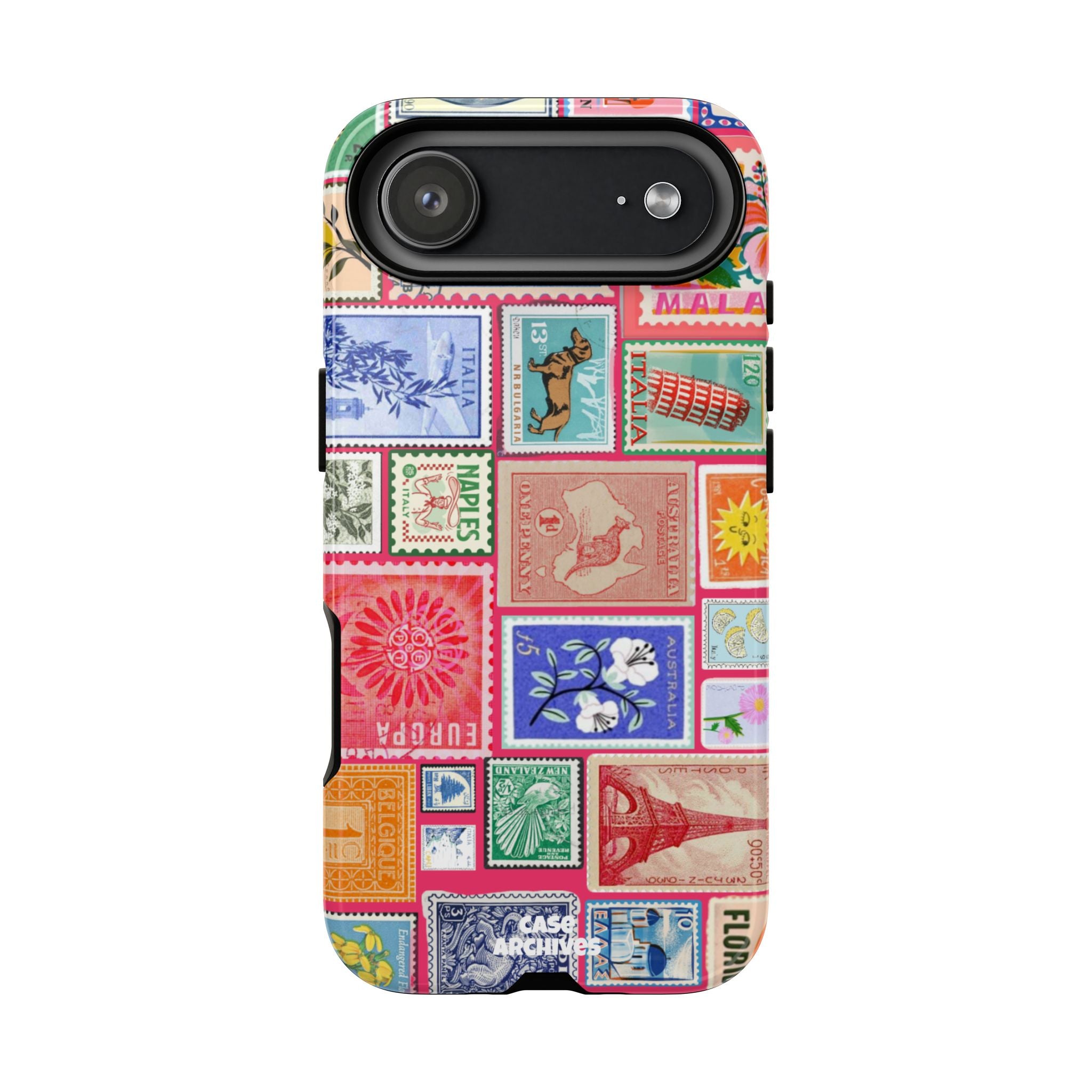 Vintage Stamp Collage Phone Case — Colorful Retro Postage Design