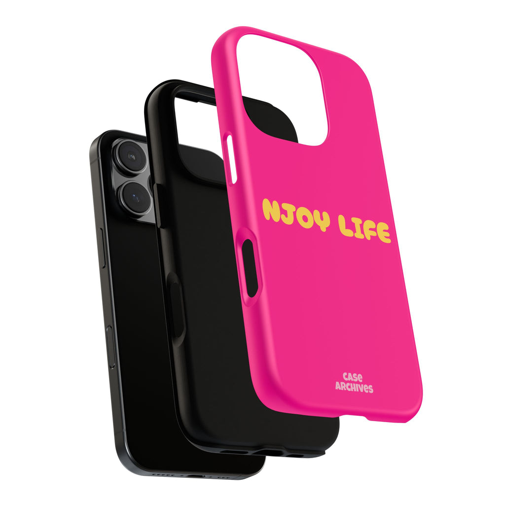 Enjoy Life phone case | tough iPhone case, bright pink, retro yellow text