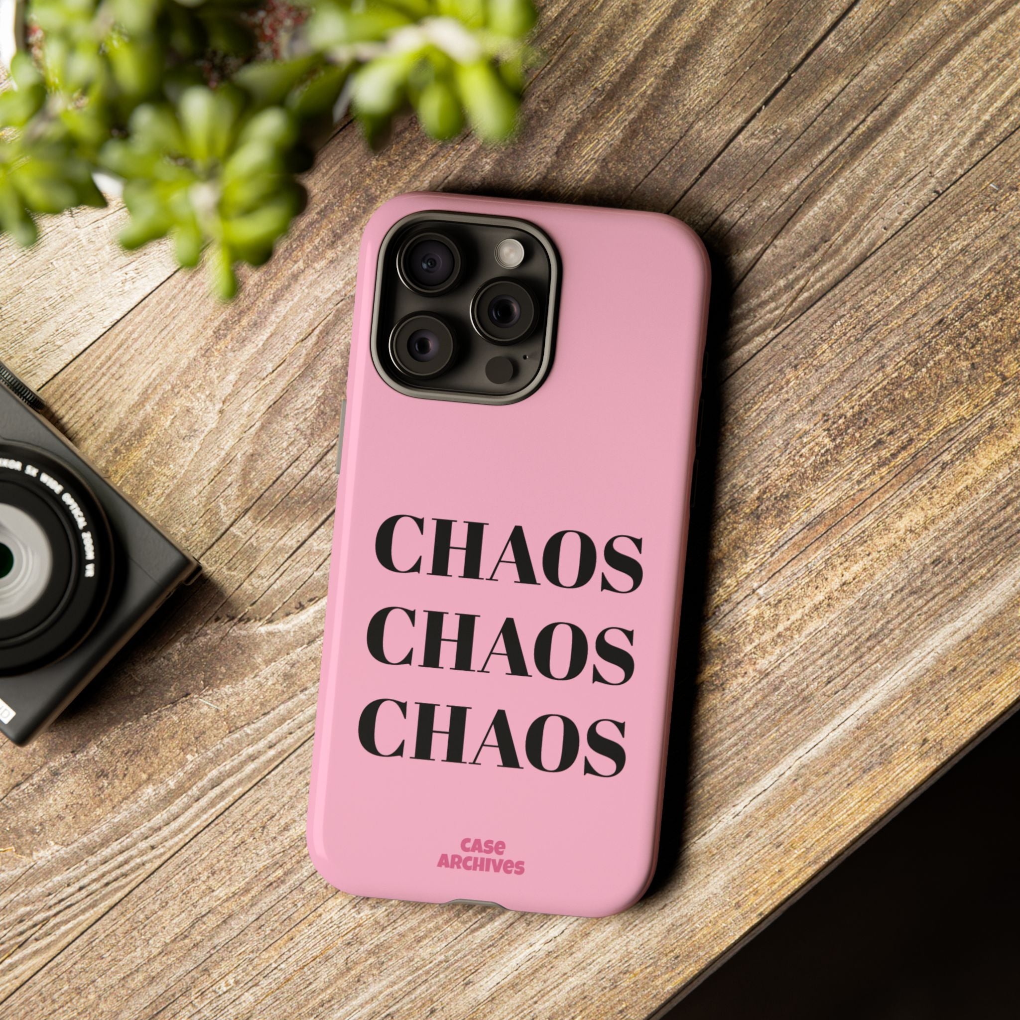Pink "CHAOS" Phone Case — Bold Text Protective iPhone Cover