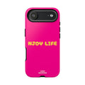 Enjoy Life phone case | tough iPhone case, bright pink, retro yellow text
