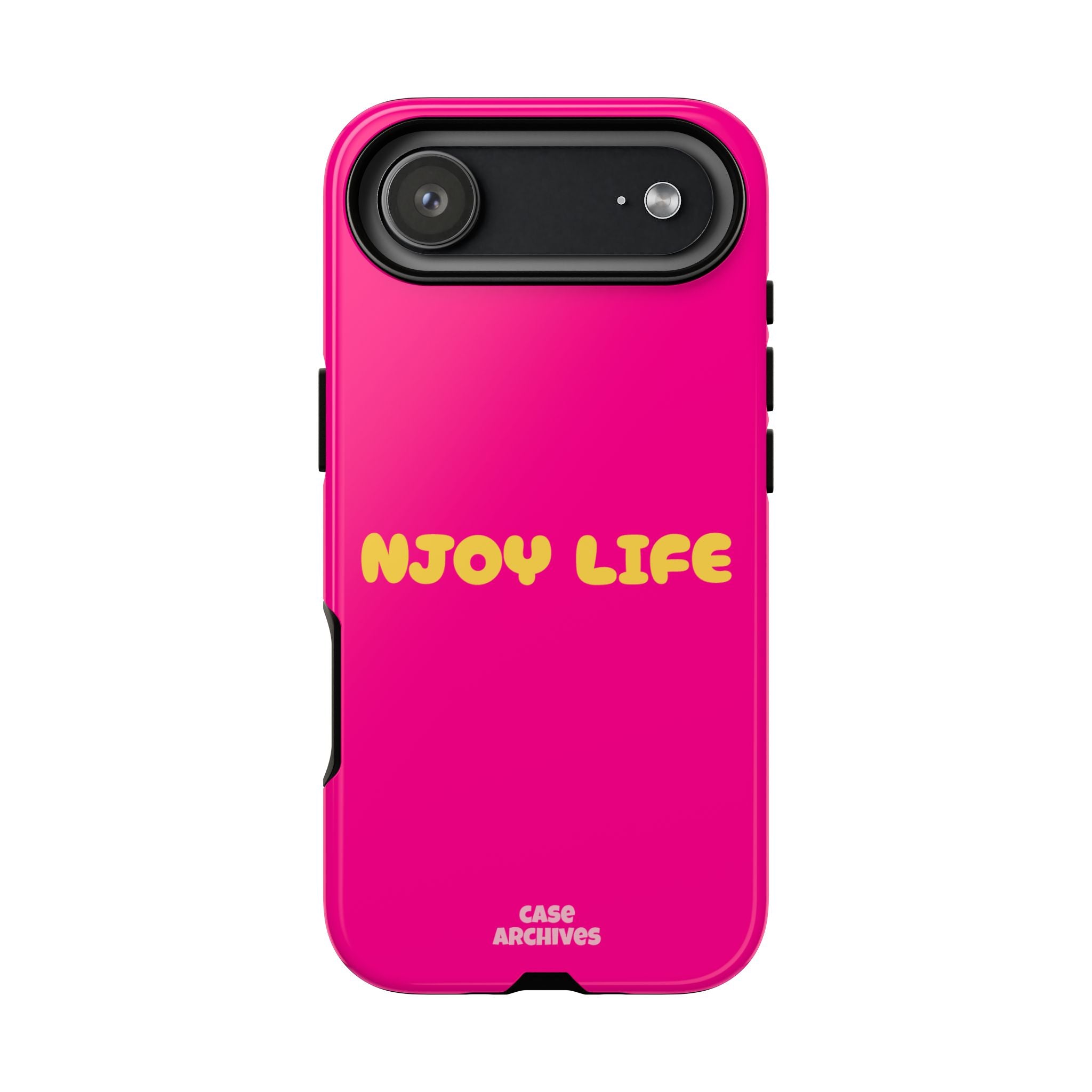 Enjoy Life phone case | tough iPhone case, bright pink, retro yellow text