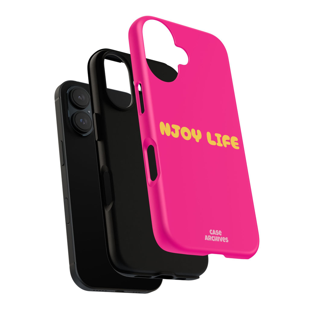 Enjoy Life phone case | tough iPhone case, bright pink, retro yellow text