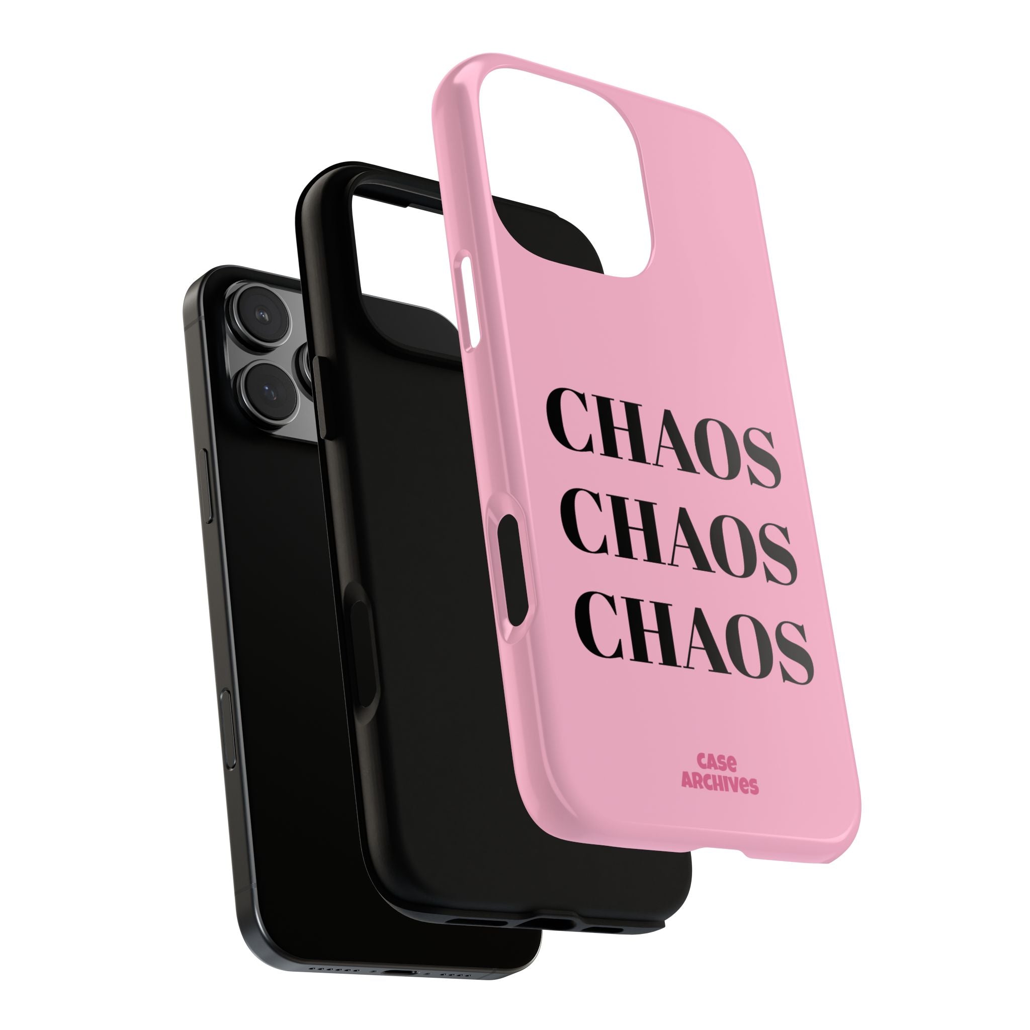 Pink "CHAOS" Phone Case — Bold Text Protective iPhone Cover