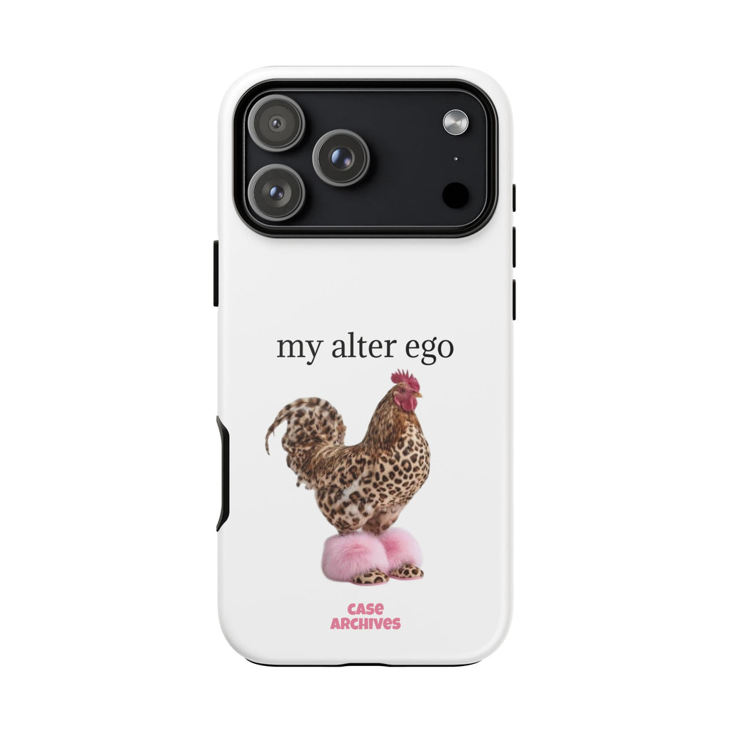 Chicken with style  'My Alter Ego' Tough Phone Case — Funny Leopard Print Rooster on Pink Slippers