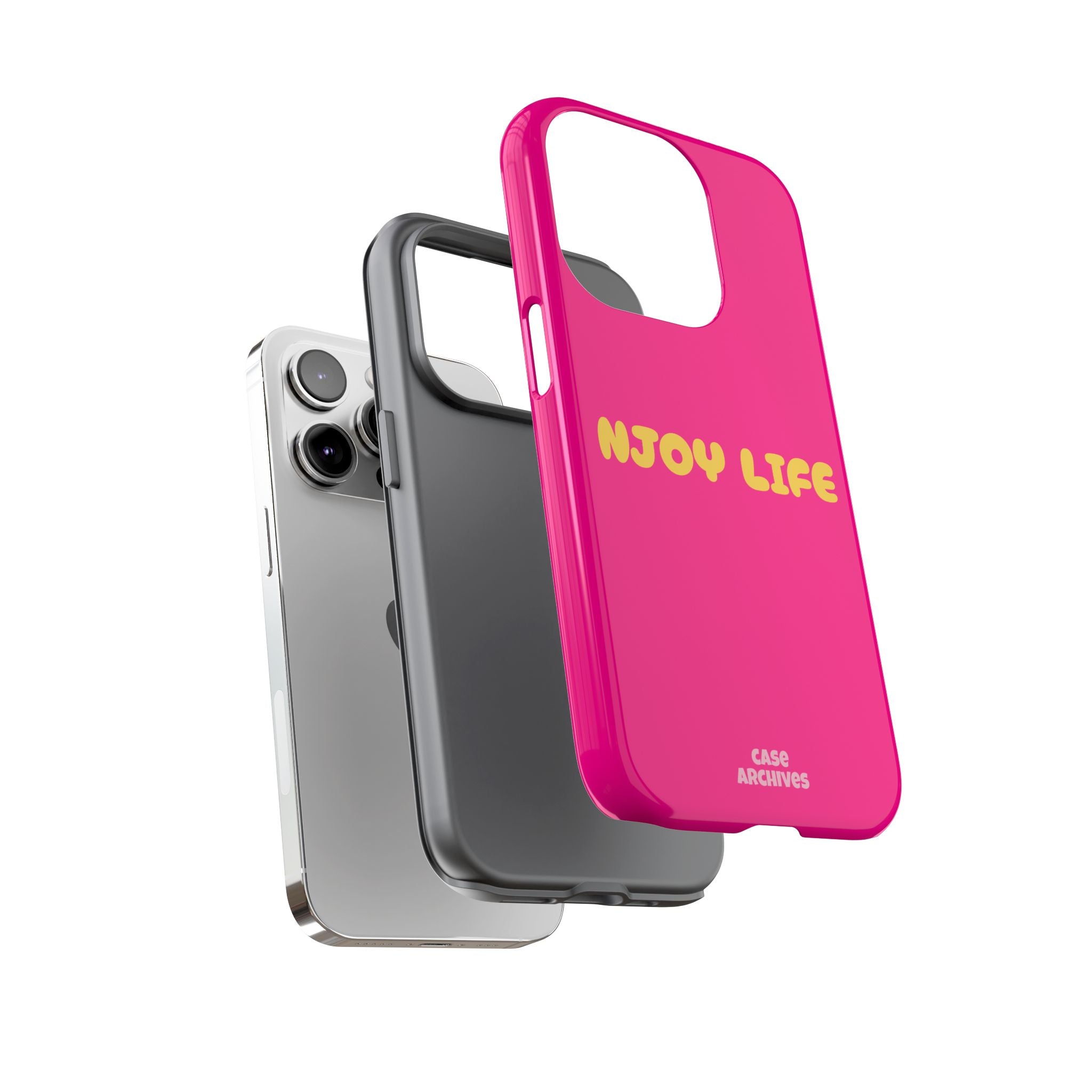 Enjoy Life phone case | tough iPhone case, bright pink, retro yellow text