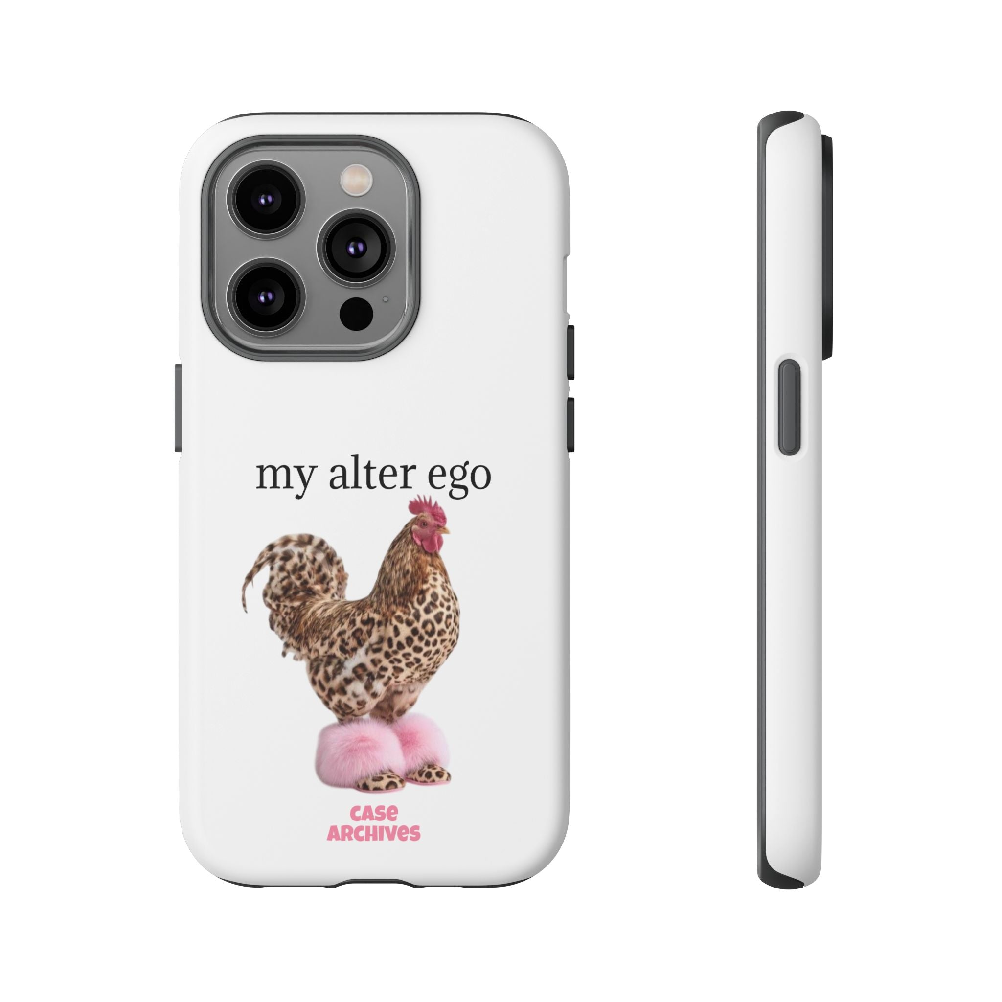 Chicken with style  'My Alter Ego' Tough Phone Case — Funny Leopard Print Rooster on Pink Slippers
