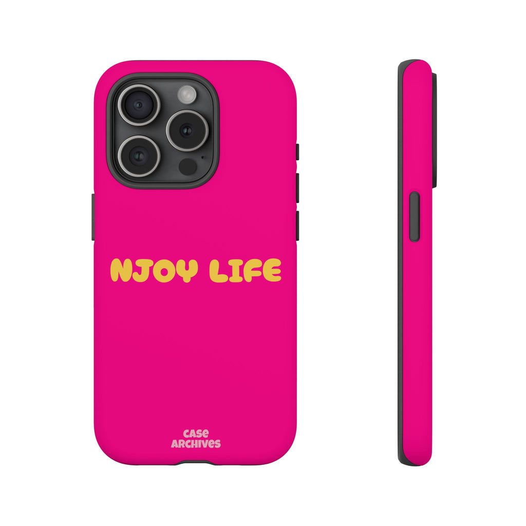 Enjoy Life phone case | tough iPhone case, bright pink, retro yellow text