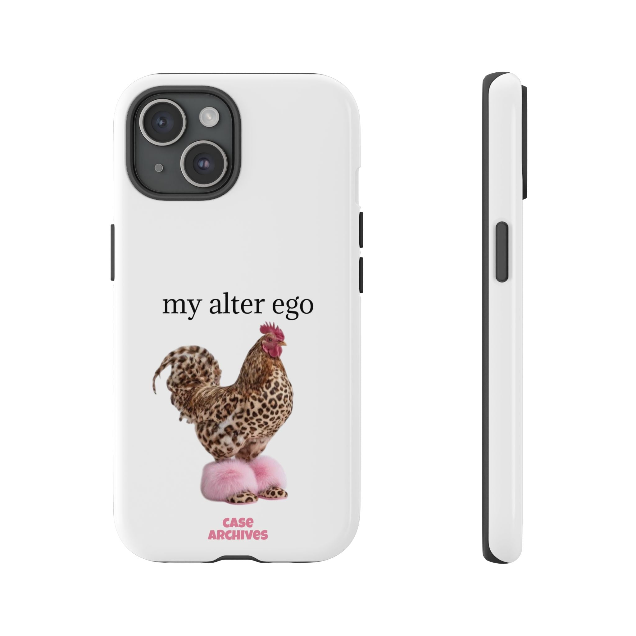Chicken with style  'My Alter Ego' Tough Phone Case — Funny Leopard Print Rooster on Pink Slippers