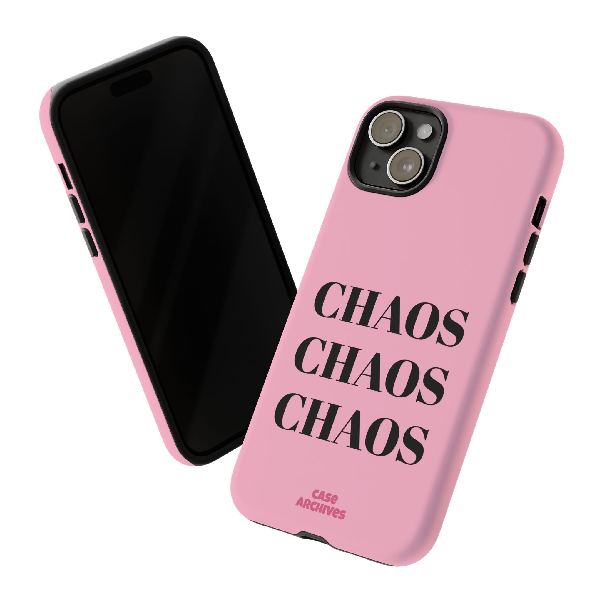 Pink "CHAOS" Phone Case — Bold Text Protective iPhone Cover