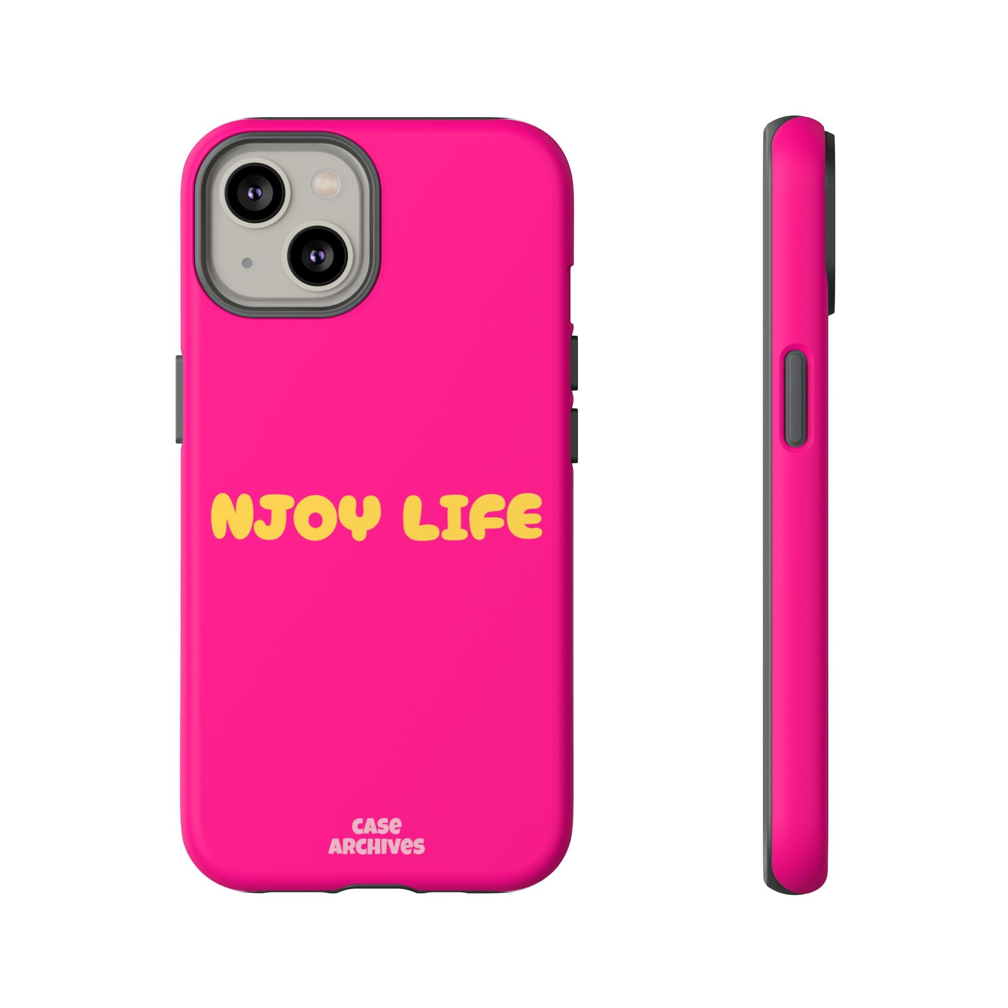 Enjoy Life phone case | tough iPhone case, bright pink, retro yellow text
