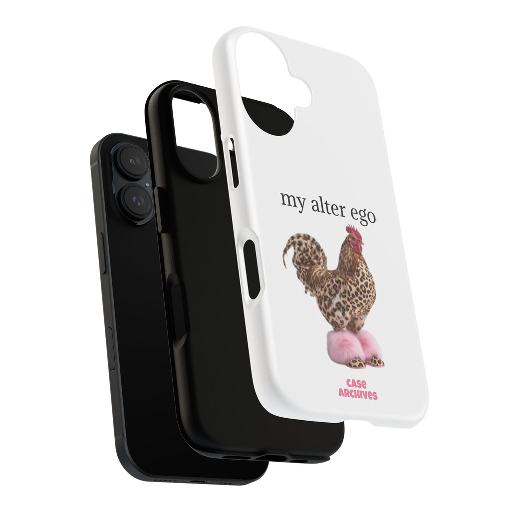 Chicken with style  'My Alter Ego' Tough Phone Case — Funny Leopard Print Rooster on Pink Slippers
