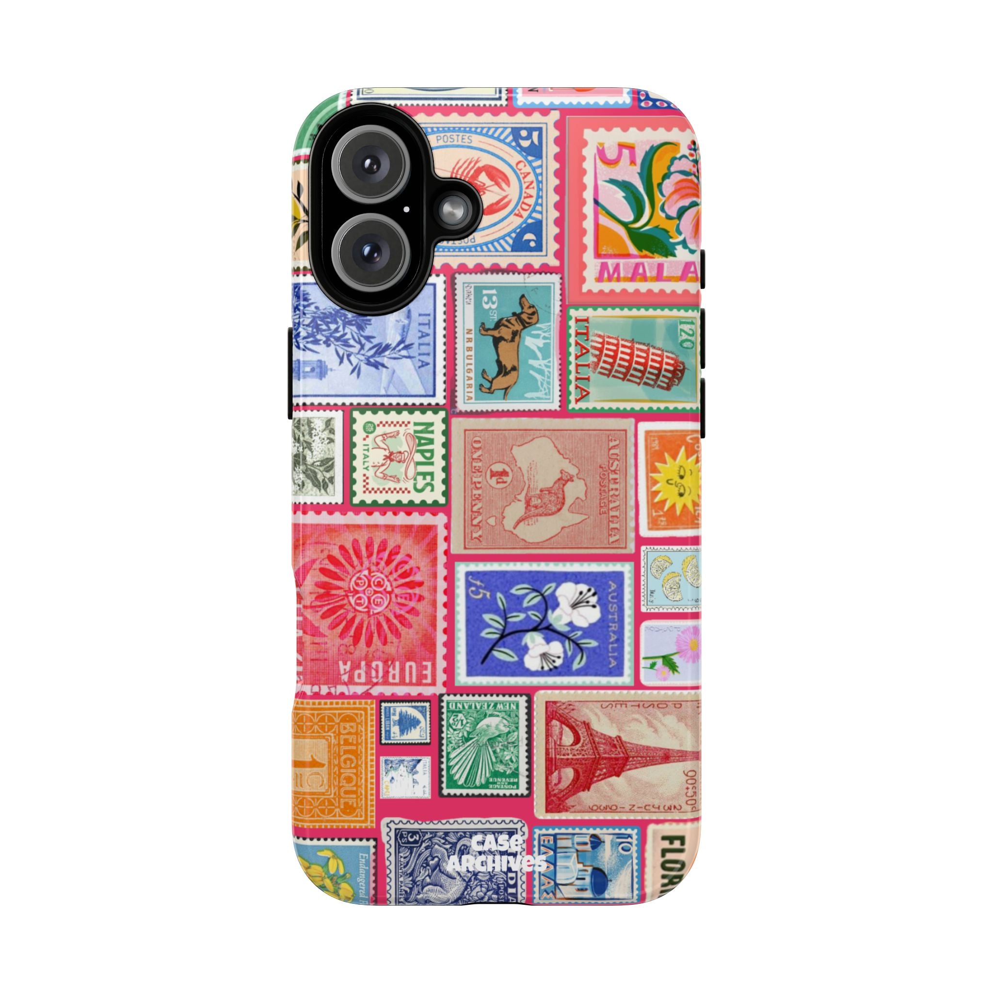 Vintage Stamp Collage Phone Case — Colorful Retro Postage Design