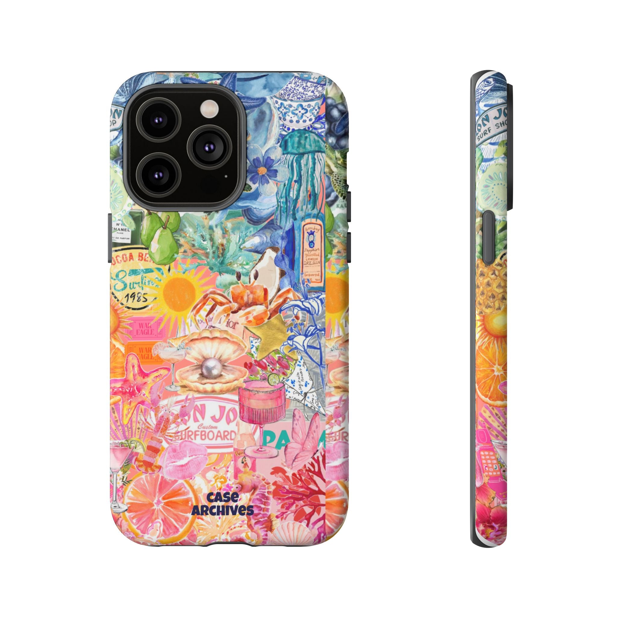 Colorful Collage Phone Case — Tropical Surf & Coastal Icons