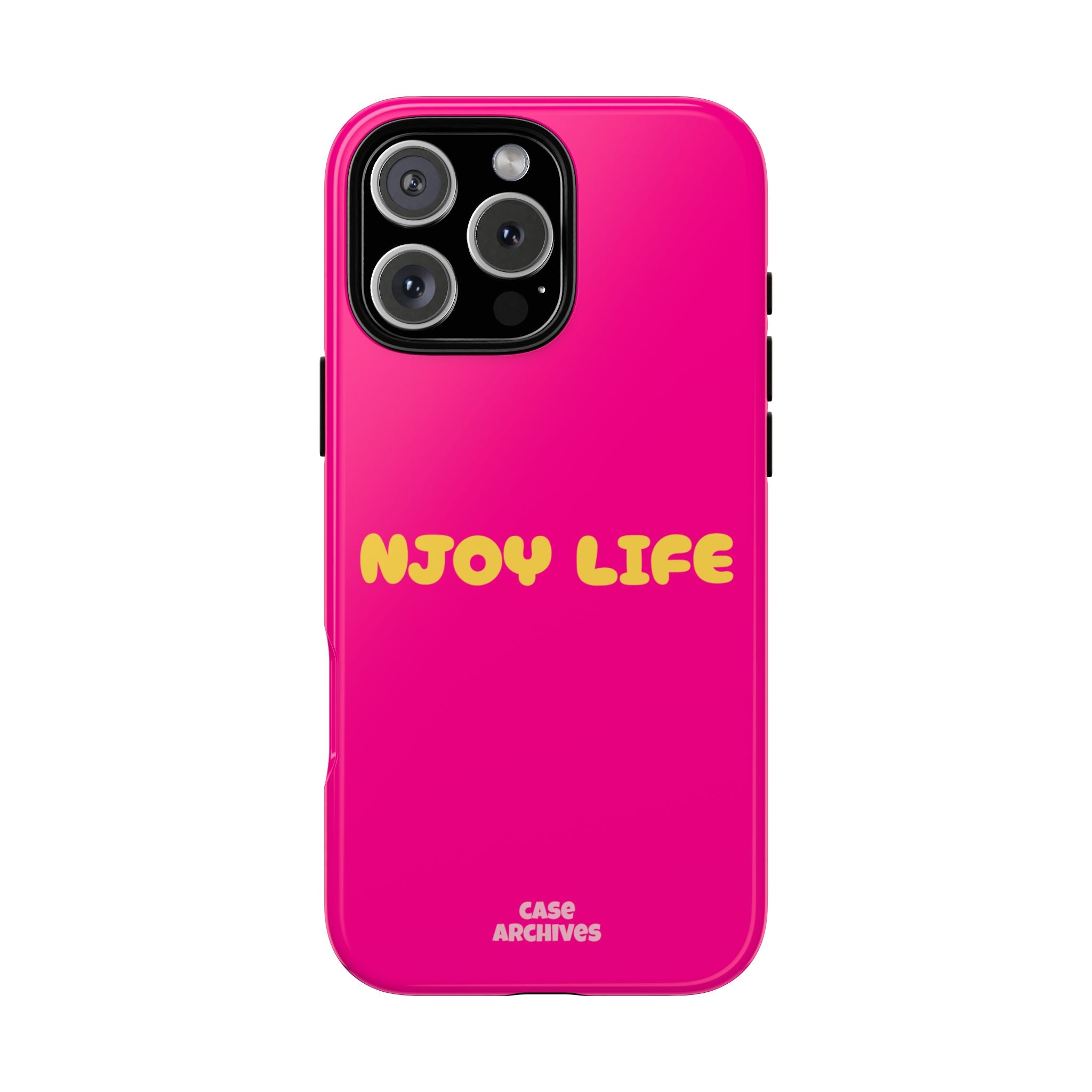 Enjoy Life phone case | tough iPhone case, bright pink, retro yellow text