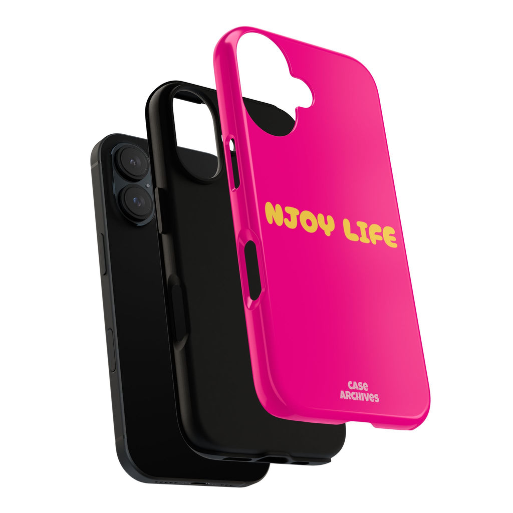 Enjoy Life phone case | tough iPhone case, bright pink, retro yellow text