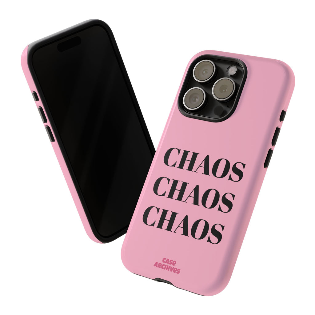 Pink "CHAOS" Phone Case — Bold Text Protective iPhone Cover