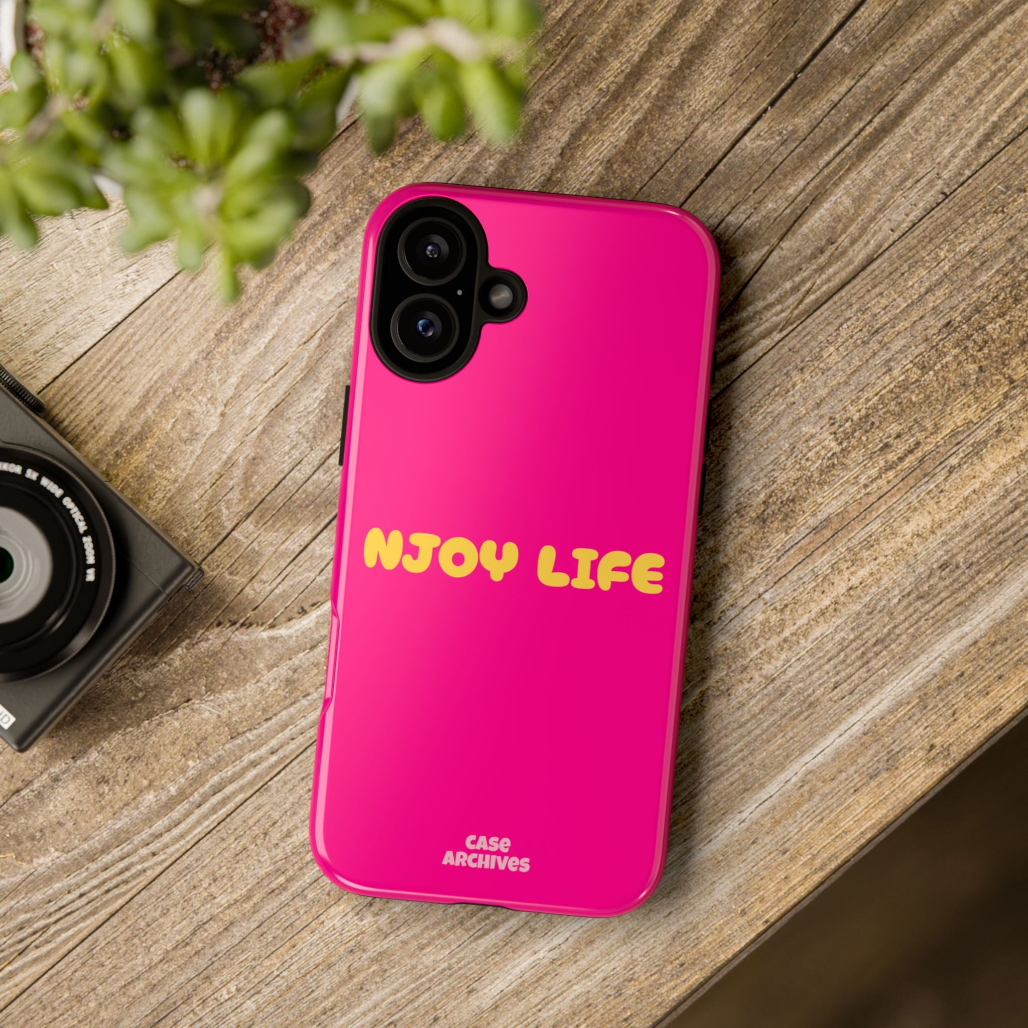 Enjoy Life phone case | tough iPhone case, bright pink, retro yellow text