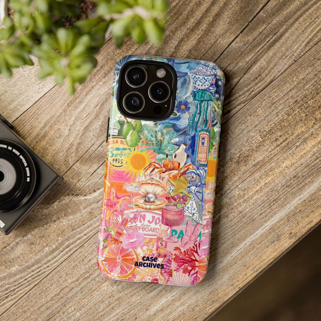 Colorful Collage Phone Case — Tropical Surf & Coastal Icons