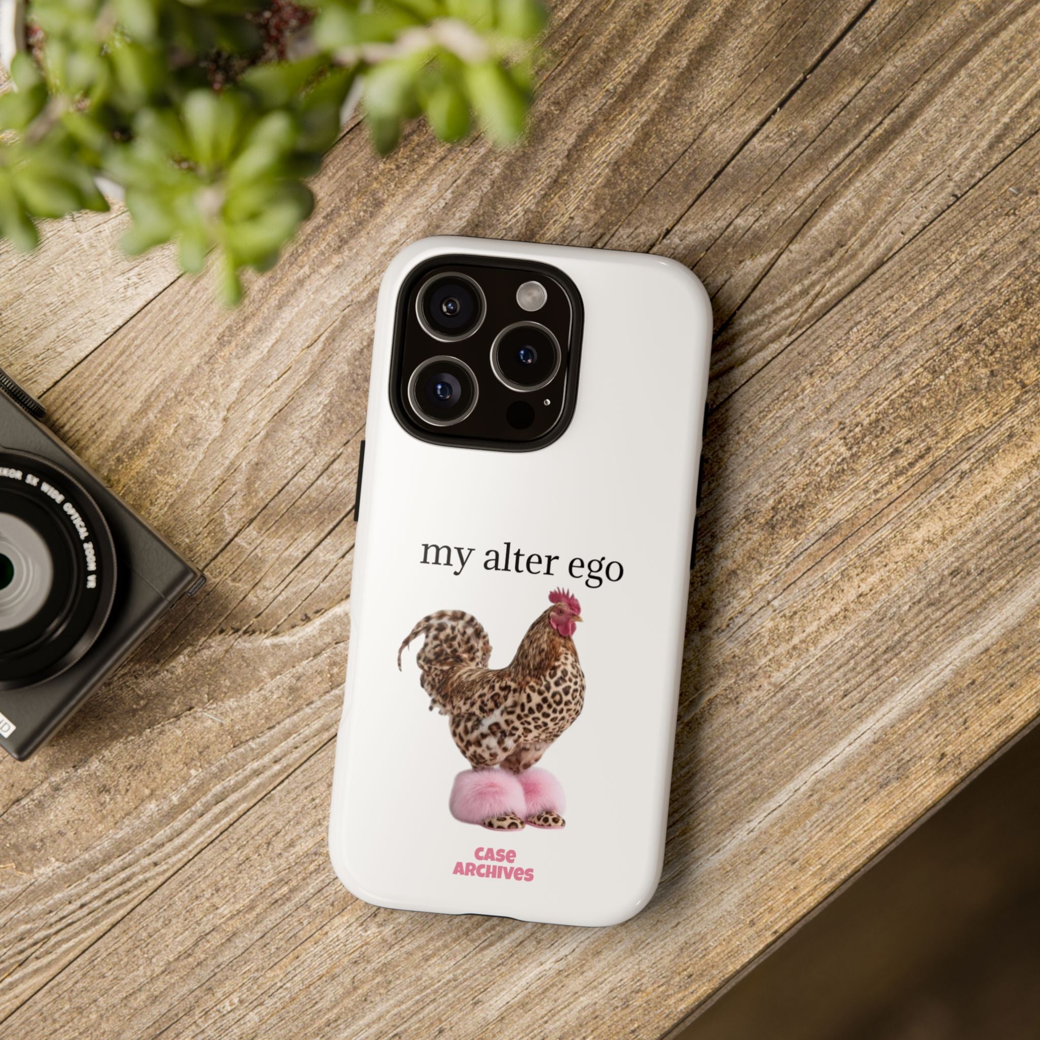 Chicken with style  'My Alter Ego' Tough Phone Case — Funny Leopard Print Rooster on Pink Slippers