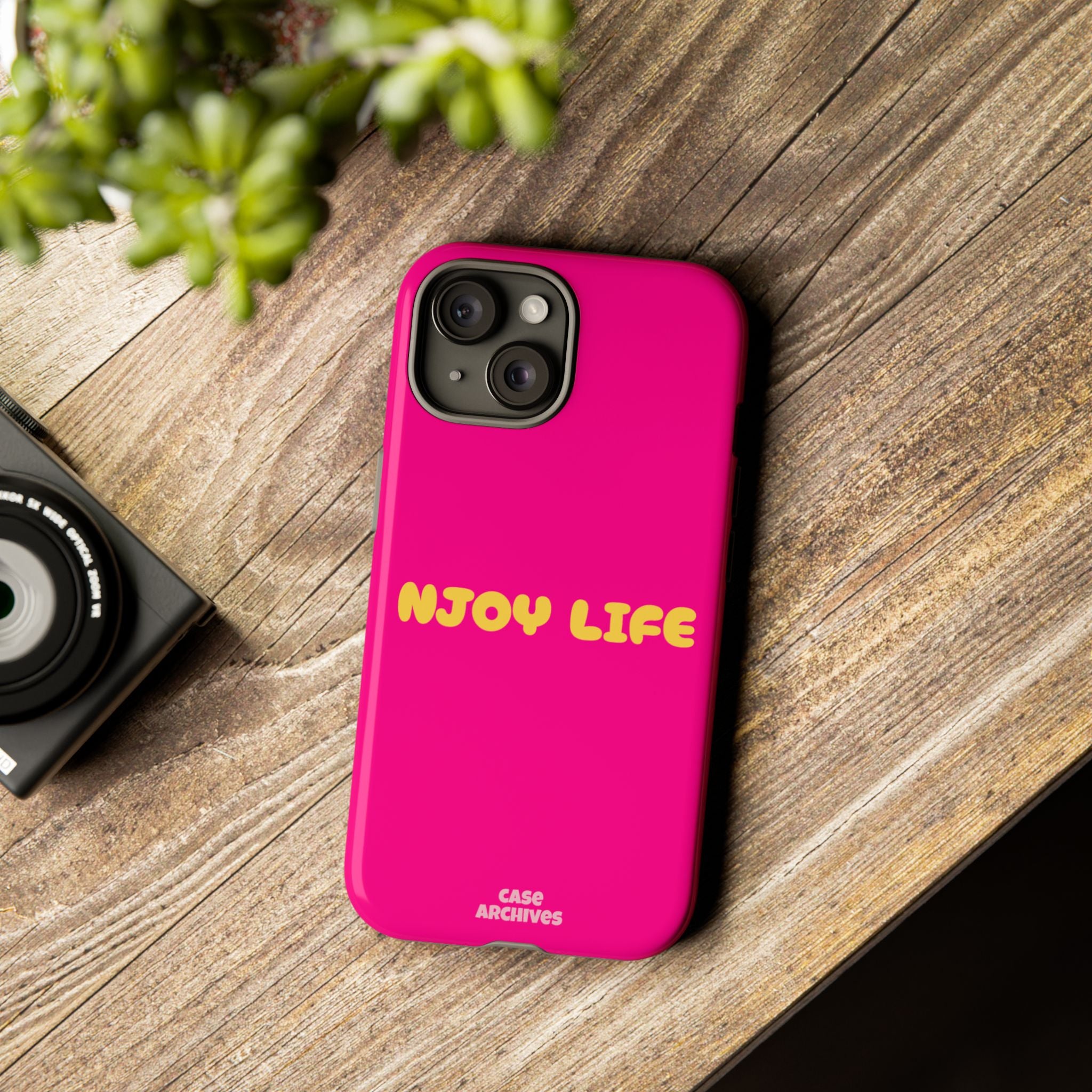 Enjoy Life phone case | tough iPhone case, bright pink, retro yellow text