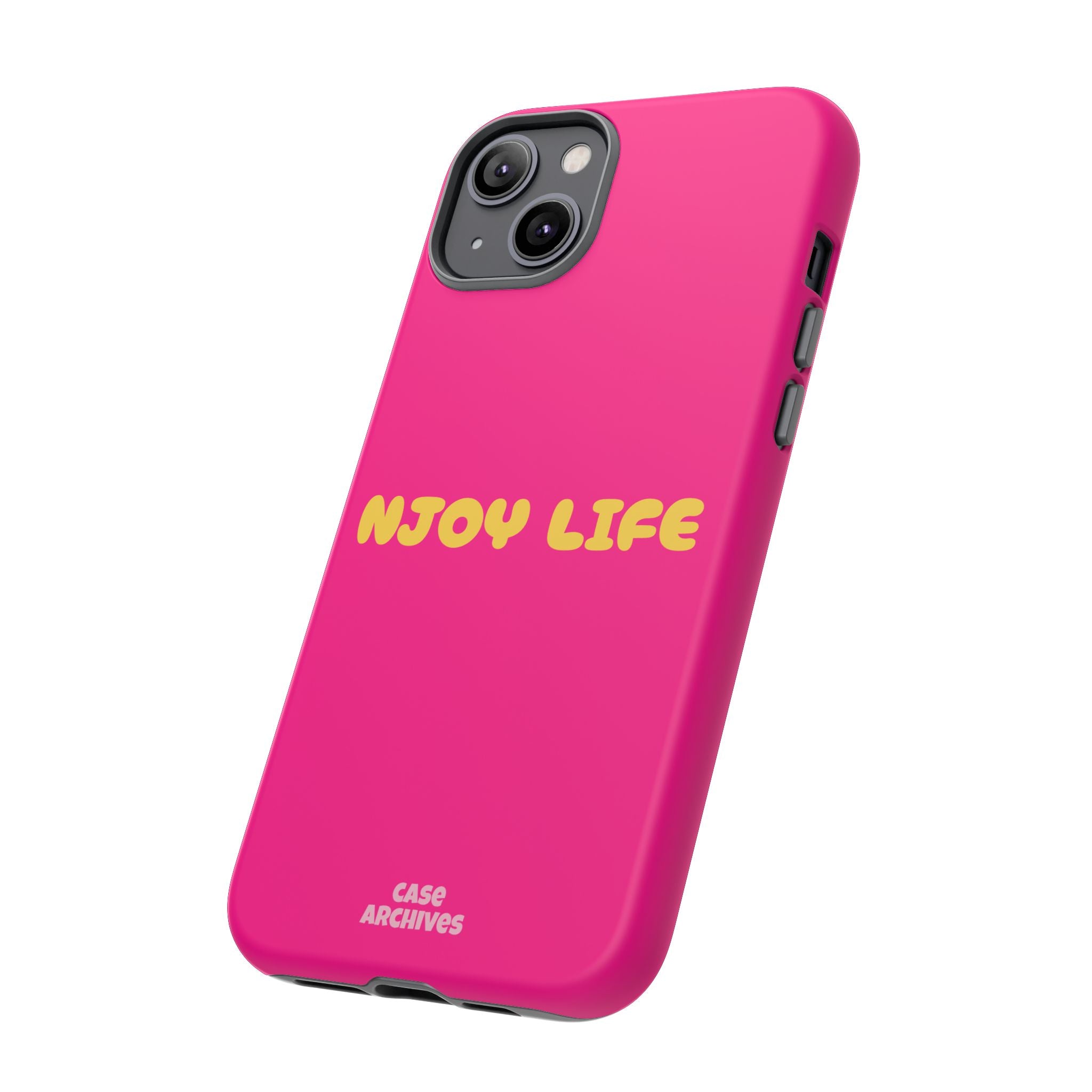 Enjoy Life phone case | tough iPhone case, bright pink, retro yellow text