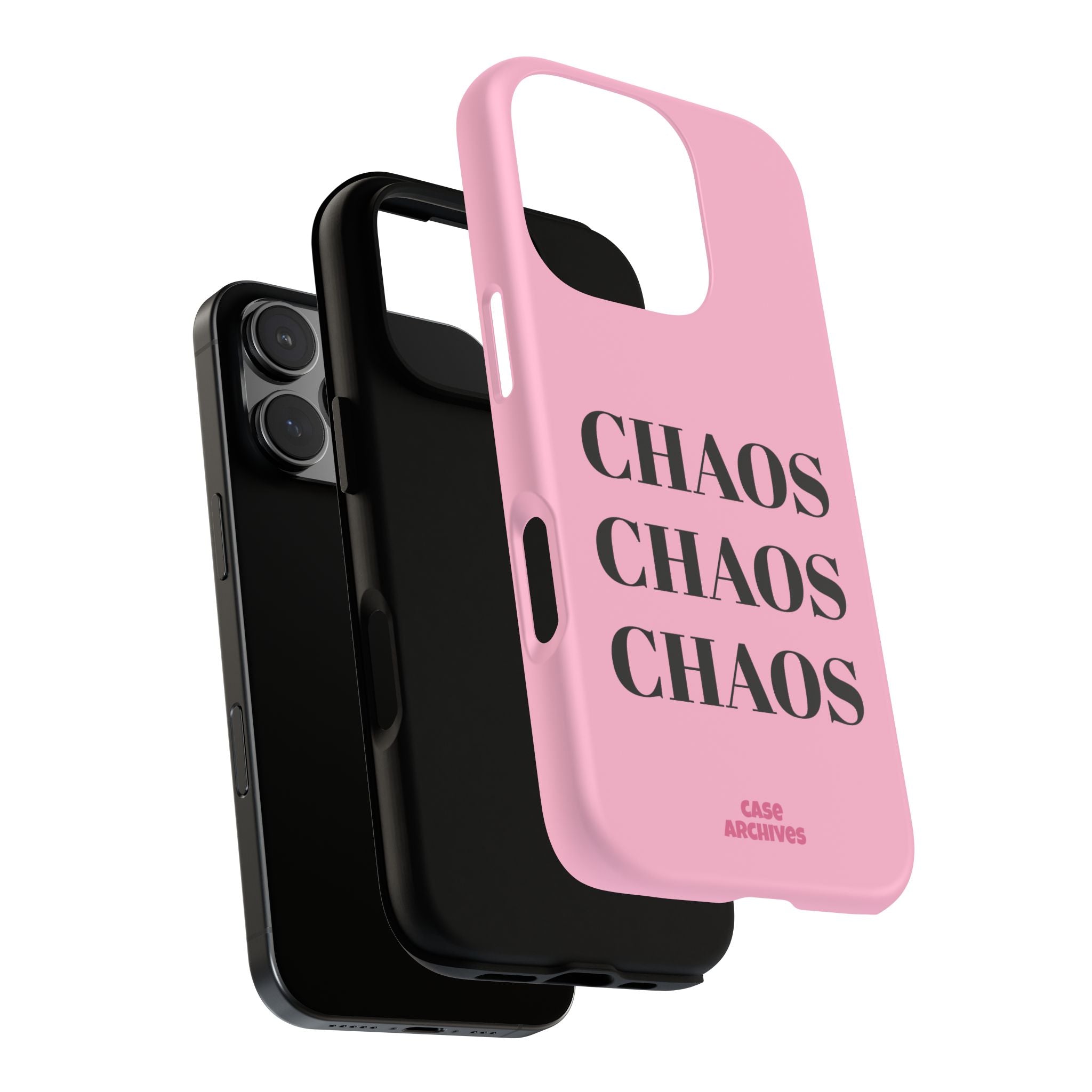 Pink "CHAOS" Phone Case — Bold Text Protective iPhone Cover