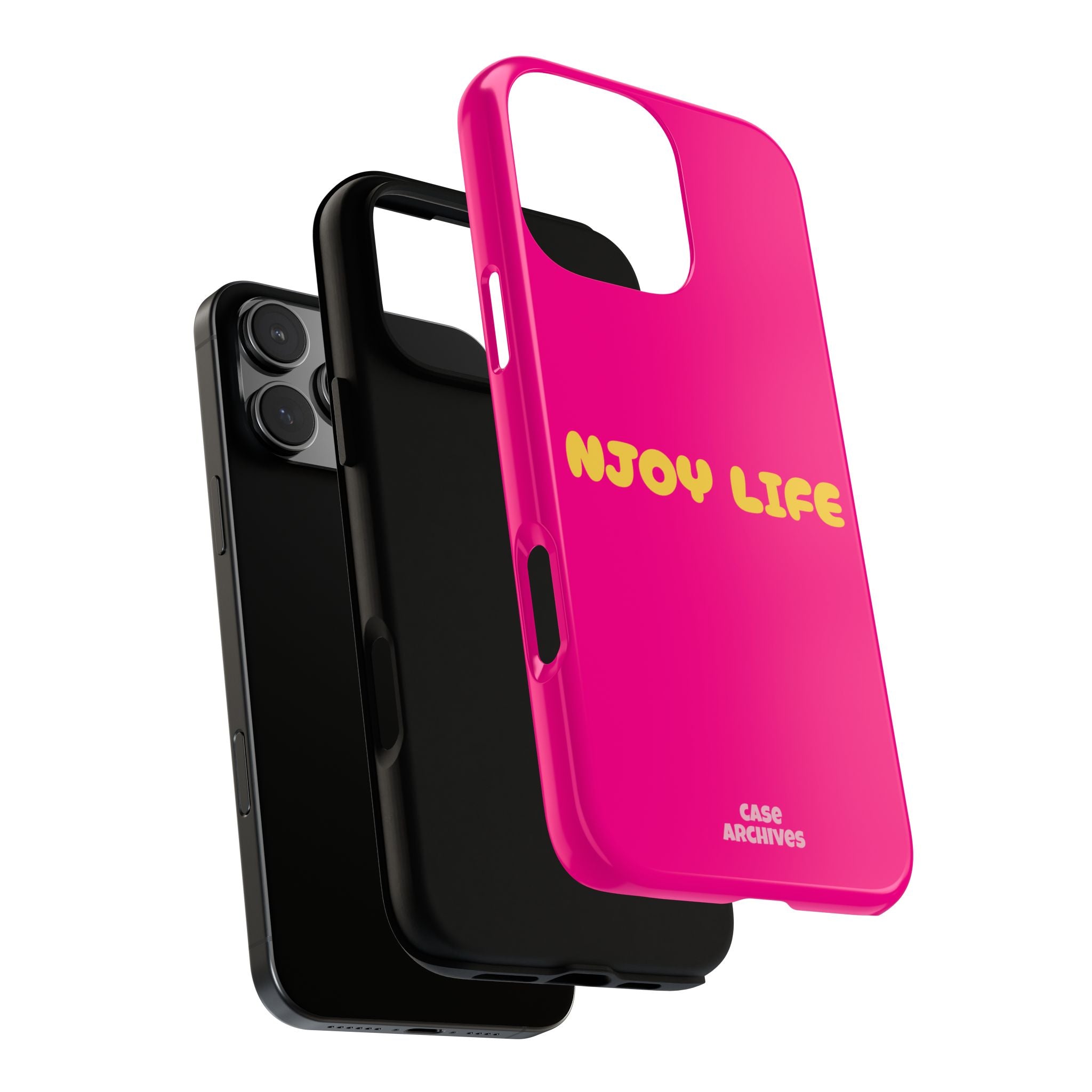 Enjoy Life phone case | tough iPhone case, bright pink, retro yellow text