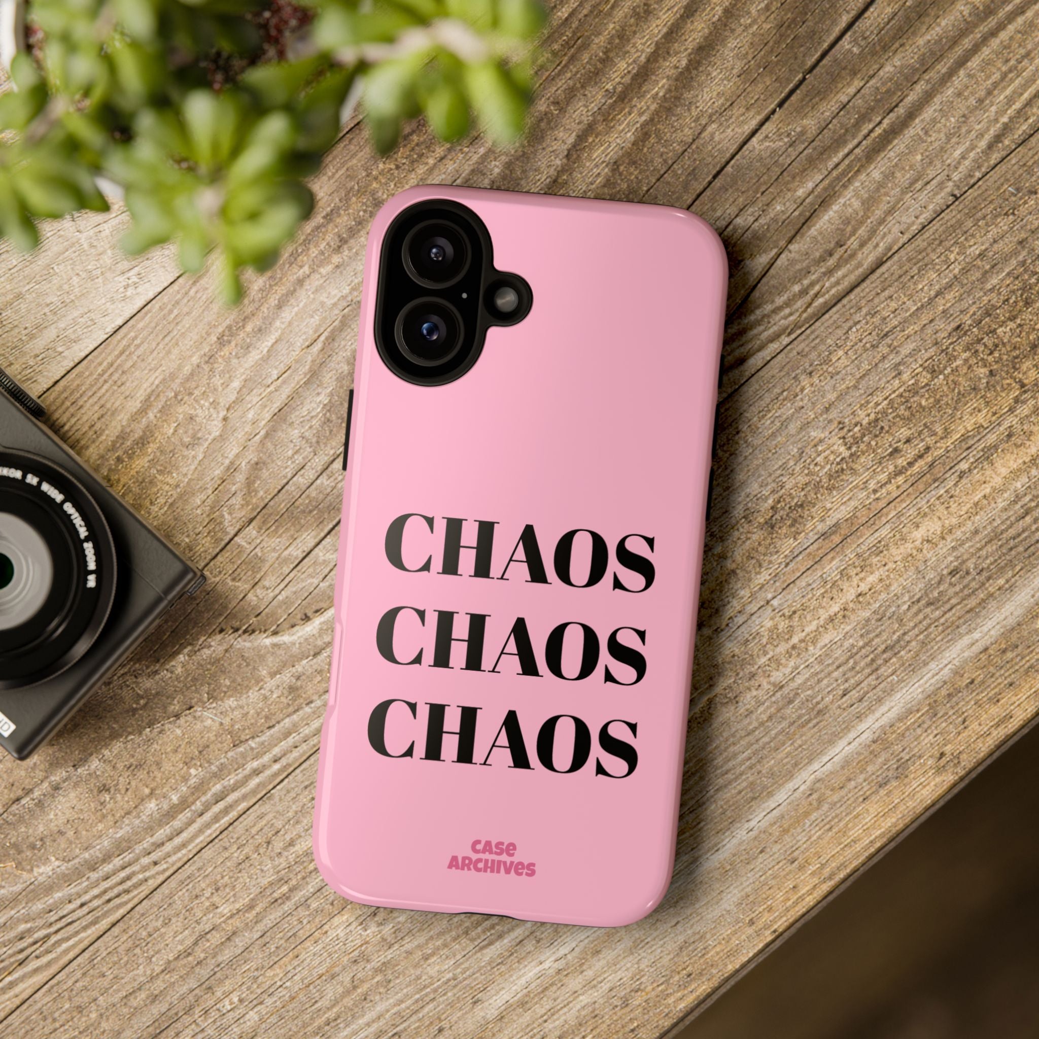Pink "CHAOS" Phone Case — Bold Text Protective iPhone Cover