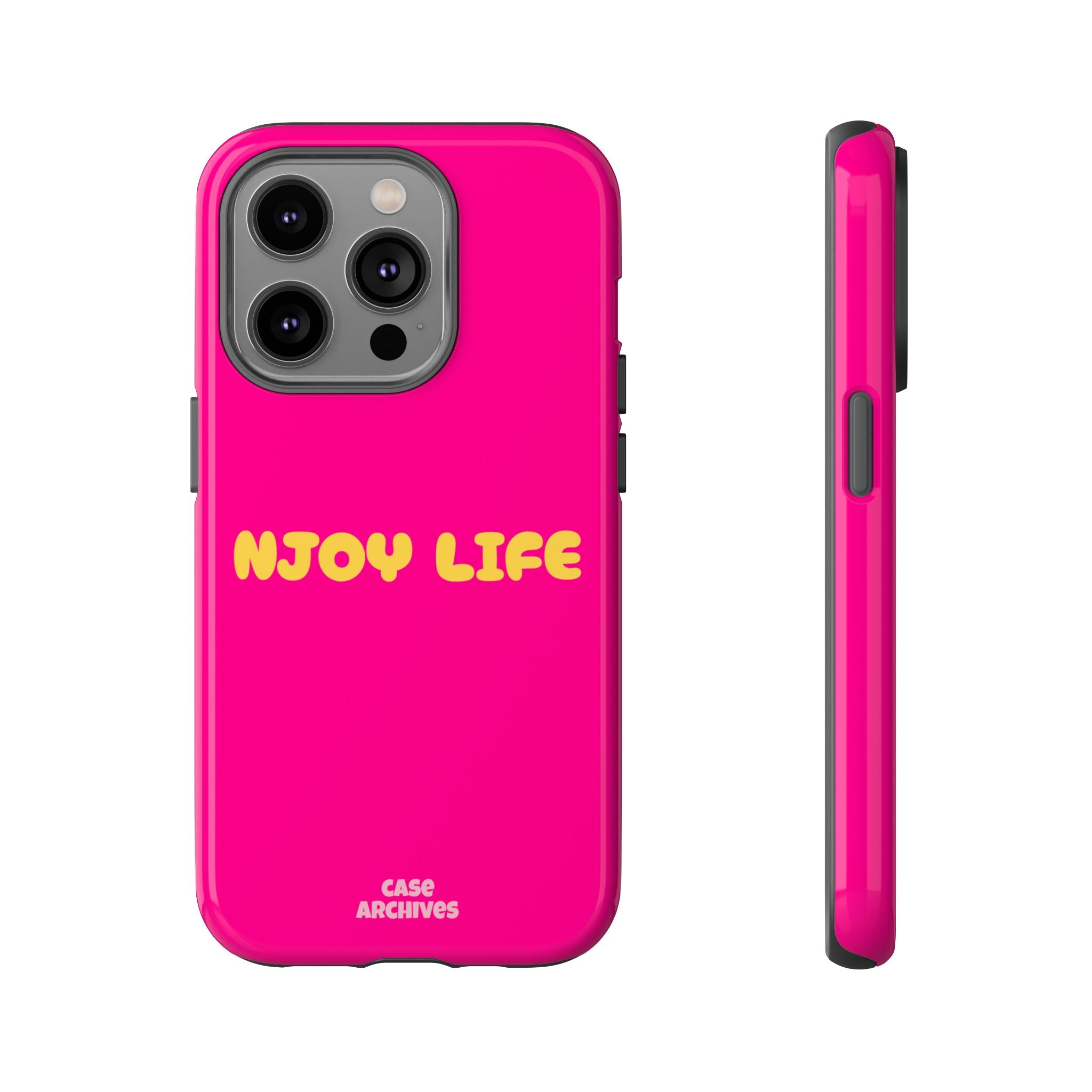 Enjoy Life phone case | tough iPhone case, bright pink, retro yellow text