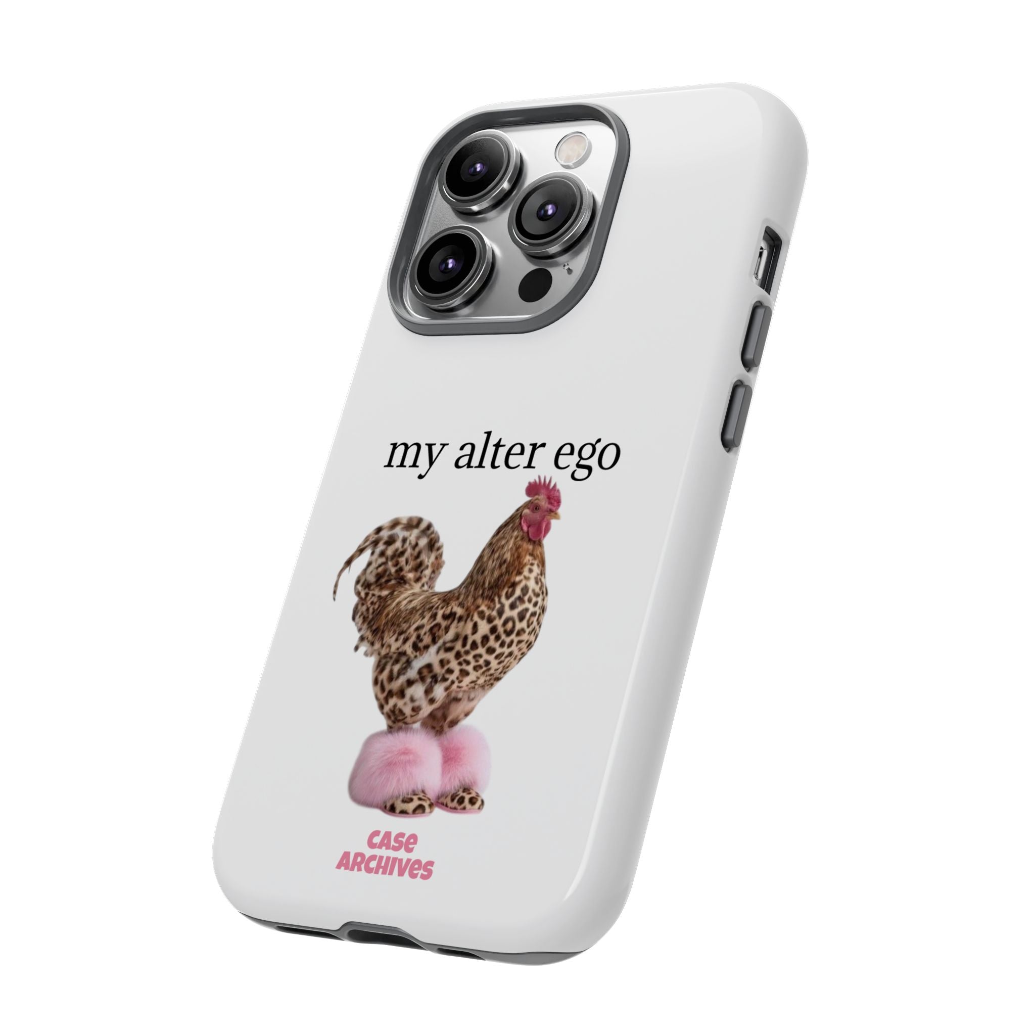 Chicken with style  'My Alter Ego' Tough Phone Case — Funny Leopard Print Rooster on Pink Slippers