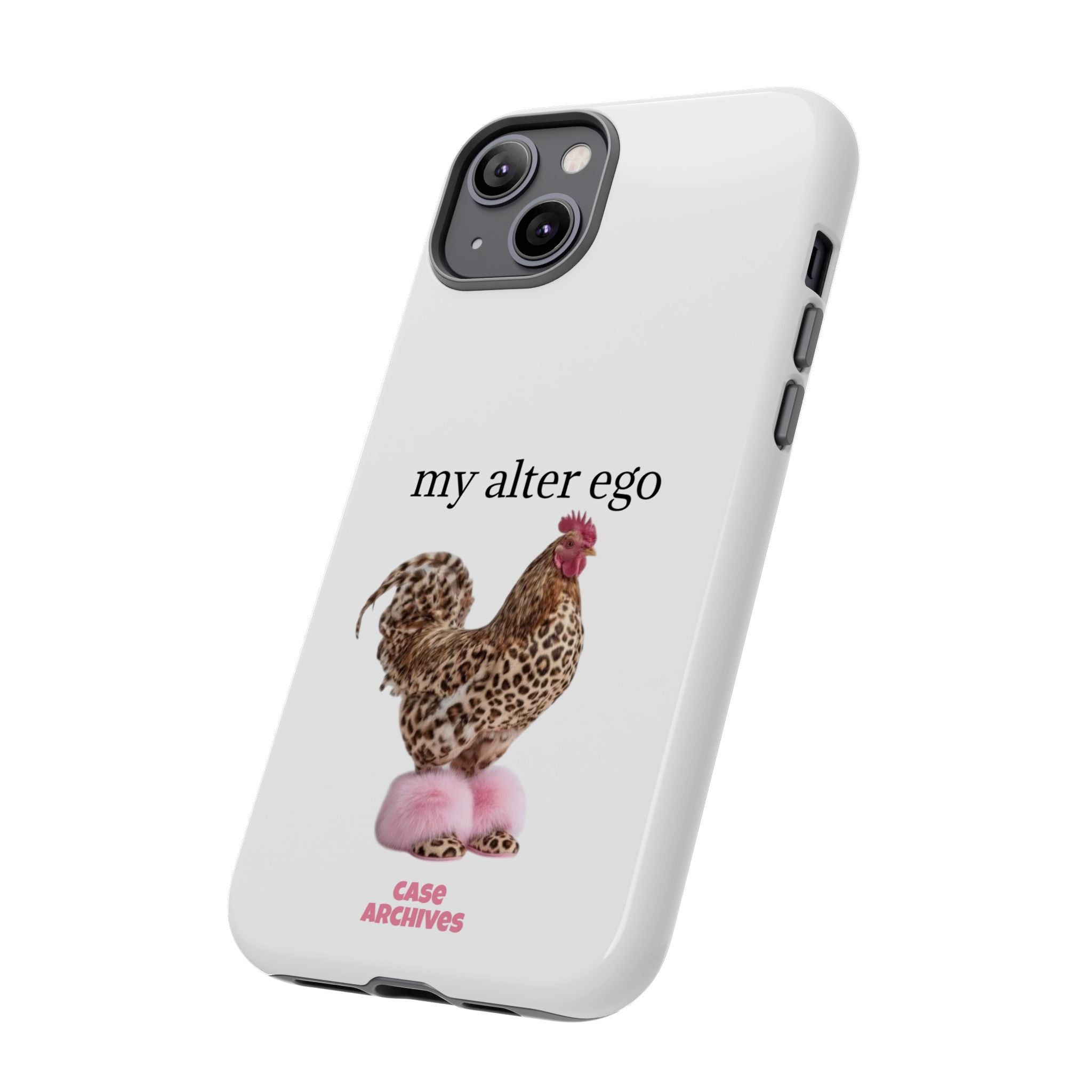Chicken with style  'My Alter Ego' Tough Phone Case — Funny Leopard Print Rooster on Pink Slippers
