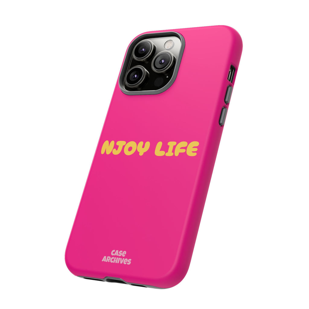 Enjoy Life phone case | tough iPhone case, bright pink, retro yellow text
