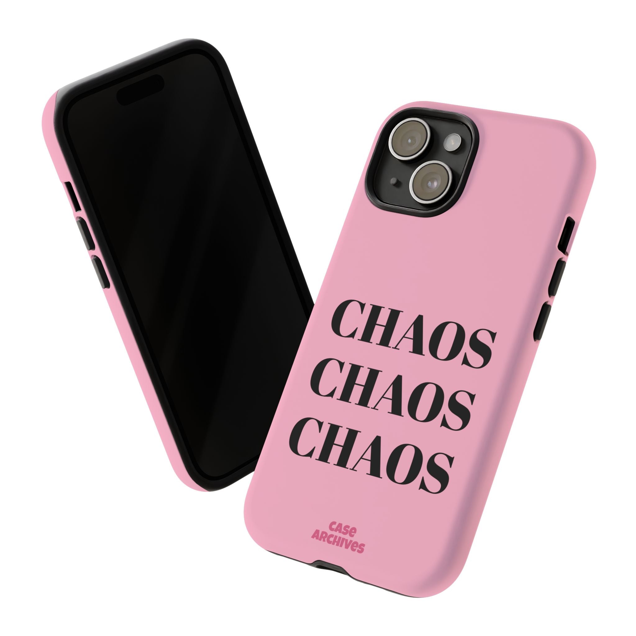 Pink "CHAOS" Phone Case — Bold Text Protective iPhone Cover